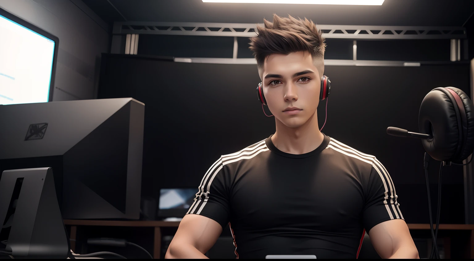 young man name urban legend with short spiky hair in Studio co
siting with headphone in ears seeing camera front show full body