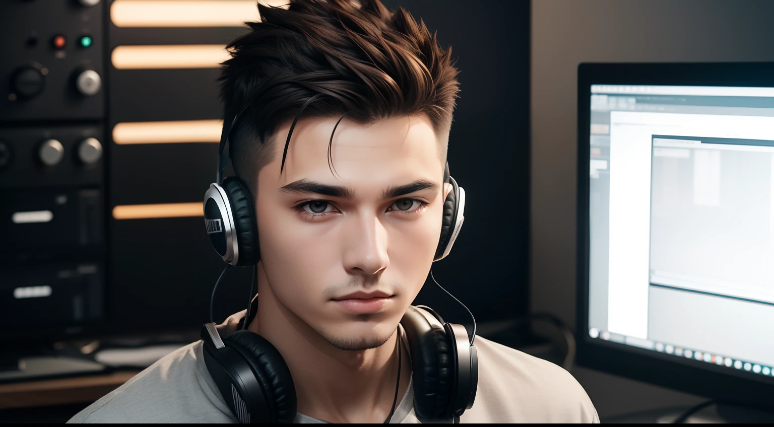 young man name urban legend with short spiky hair in Studio co
siting with  headphone in ears seeing camera front show full body