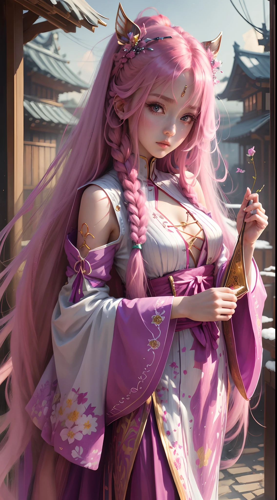 Masterpiece, Best quality,lacus-bk, 1girll, Solo, Long hair, Pink hair, Very long hair, Blue eyes, hair adornments, Japanese clothes, Detached sleeves