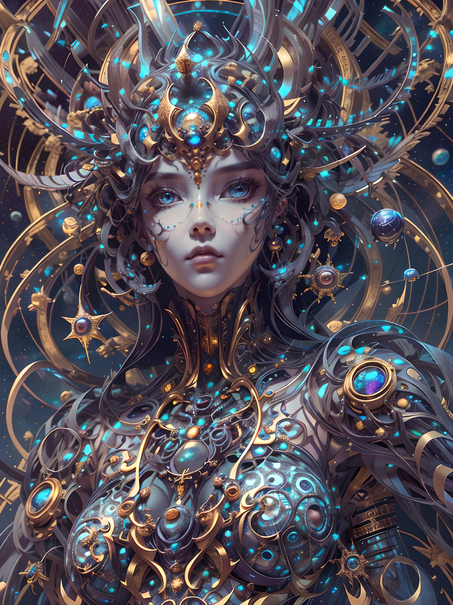 (best qualtiy,ultra - detailed,Most Best Illustration,Best shadow,tmasterpiece,A high resolution,professionalartwork,famousartwork),Detailed eyes,beautidful eyes,closeup cleavage,sci-fy,colored sclera,Robot eyes,face markings,Tattooed with,(fractalized,Fractal eyes),largeeyes,Wide eyes,(Eye focus),sface focus,Cosmic eyes,Space eyes,Close-up of metal sculpture of a woman with a moon in her hair,goddes。extremly high detail,3 d goddess portrait,Extremely detailed footage of the goddess,a stunning portrait of a goddess,Side portrait of the goddess,portrait of a beautiful goddess,Full body close-up portrait of the goddess,hecate goddess,portrait of a norse moon goddess,goddess of space and time
