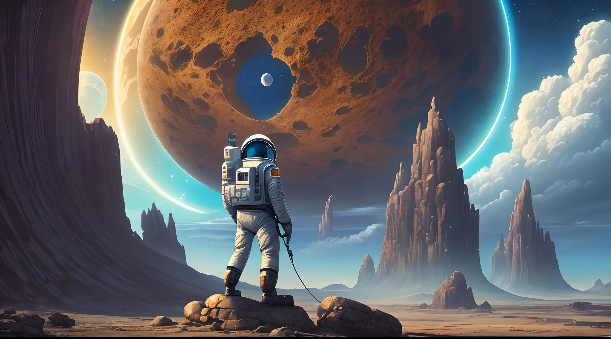 a man in a space suit standing on a rock looking at a planet, 3 d render bipe, Beeple e Tim Hildebrandt, Artgem e Beeple Masterpiece, inspirado em Beeple, arte do bipe, Realismo | Bipe, Astronauta encalhado no planeta, Estilo Beeple, em estilo de bipe