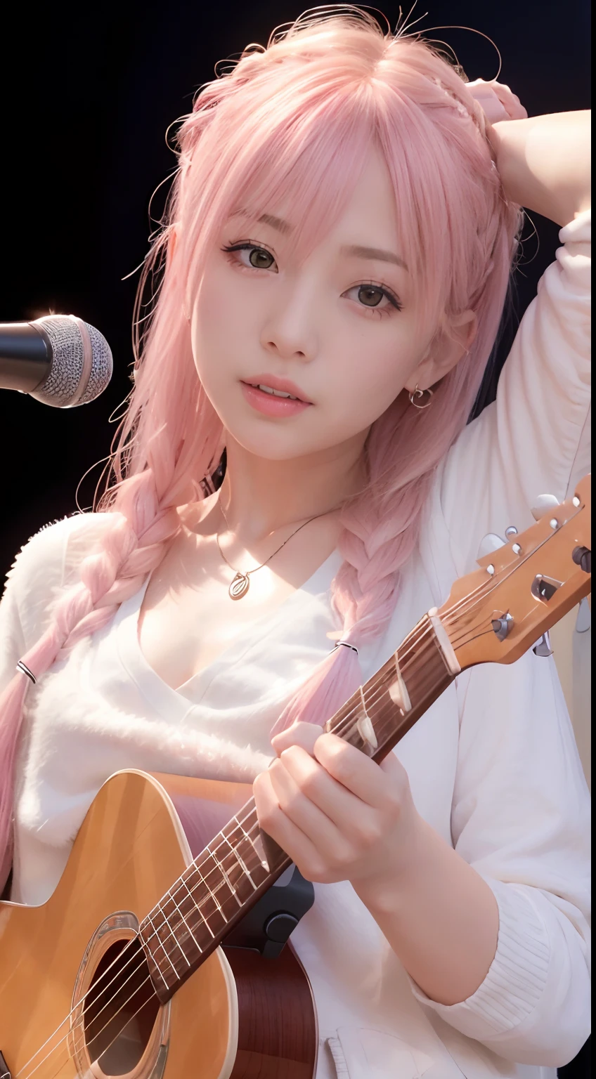 (masutepiece:1.3, Best Quality, Photorealistic, Ultra-detailed, Finely detailed, High resolution, 8K Wallpaper), 1 beautiful girl, Band Group Vocals, In a white hoodie, Singing a song on an electric guitar, Stand Microphone, Mouth open, Beautiful face, Detailed face, Beautiful eyes, Detailed eyes, Looks fun、Smiling, earrings, Necklace, Detailed guitar, (Straight guitar neck and strings), Only 1 person,Pink Hair Medium Hair, (Pink hair), Ear Hair, small tits, Single braid, (Single braid), (Side braid),on a stage, Spotlight, Look at the viewer、small tits