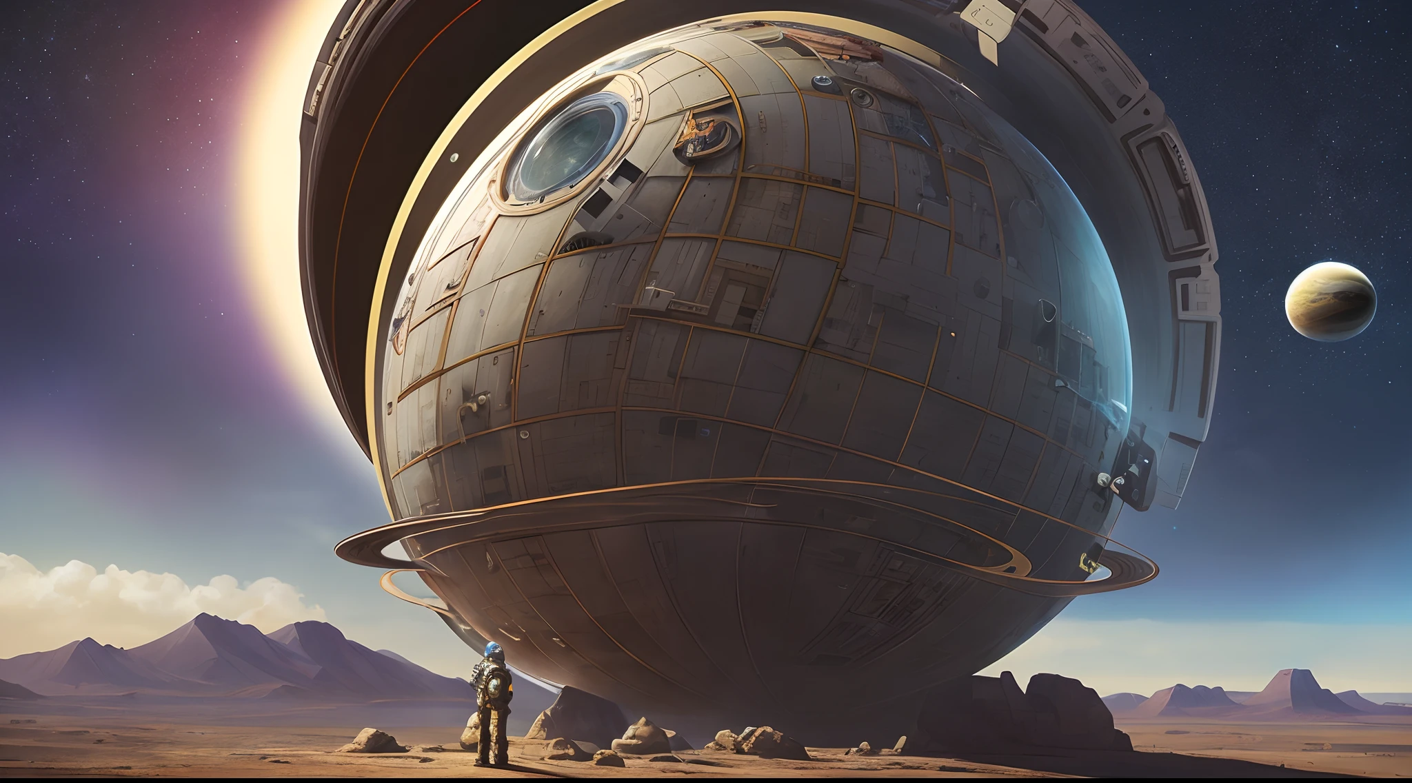 there is an Astronut standing on a rock looking at planets, sci-fi digital art, sci-fi digital art illustration, beeple art, sci - fi illustrations, sci-fi illustrations, sci fi art, science fiction art, realism | beeple, epic surrealism 8k oil painting, beeple and tim hildebrandt, sci-fi art