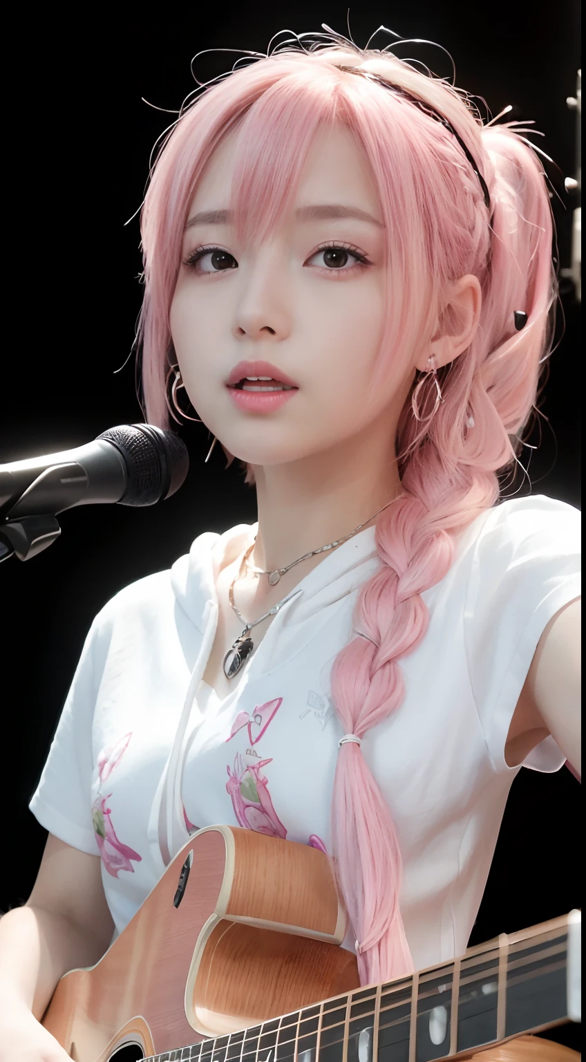 (masutepiece:1.3, Best Quality, Photorealistic, Ultra-detailed, Finely detailed, High resolution, 8K Wallpaper), 1 beautiful girl, Band Group Vocals, In a white hoodie, Singing a song on an electric guitar, Stand Microphone, Mouth open, Beautiful face, Detailed face, Beautiful eyes, Detailed eyes, Looks fun、Smiling, earrings, Necklace, Detailed guitar, (Straight guitar neck and strings), Only 1 person,Pink Hair Medium Hair, (Pink hair), Ear Hair, small tits, Single braid, (Single braid), (Side braid),on a stage, Spotlight, Look at the viewer、small tits