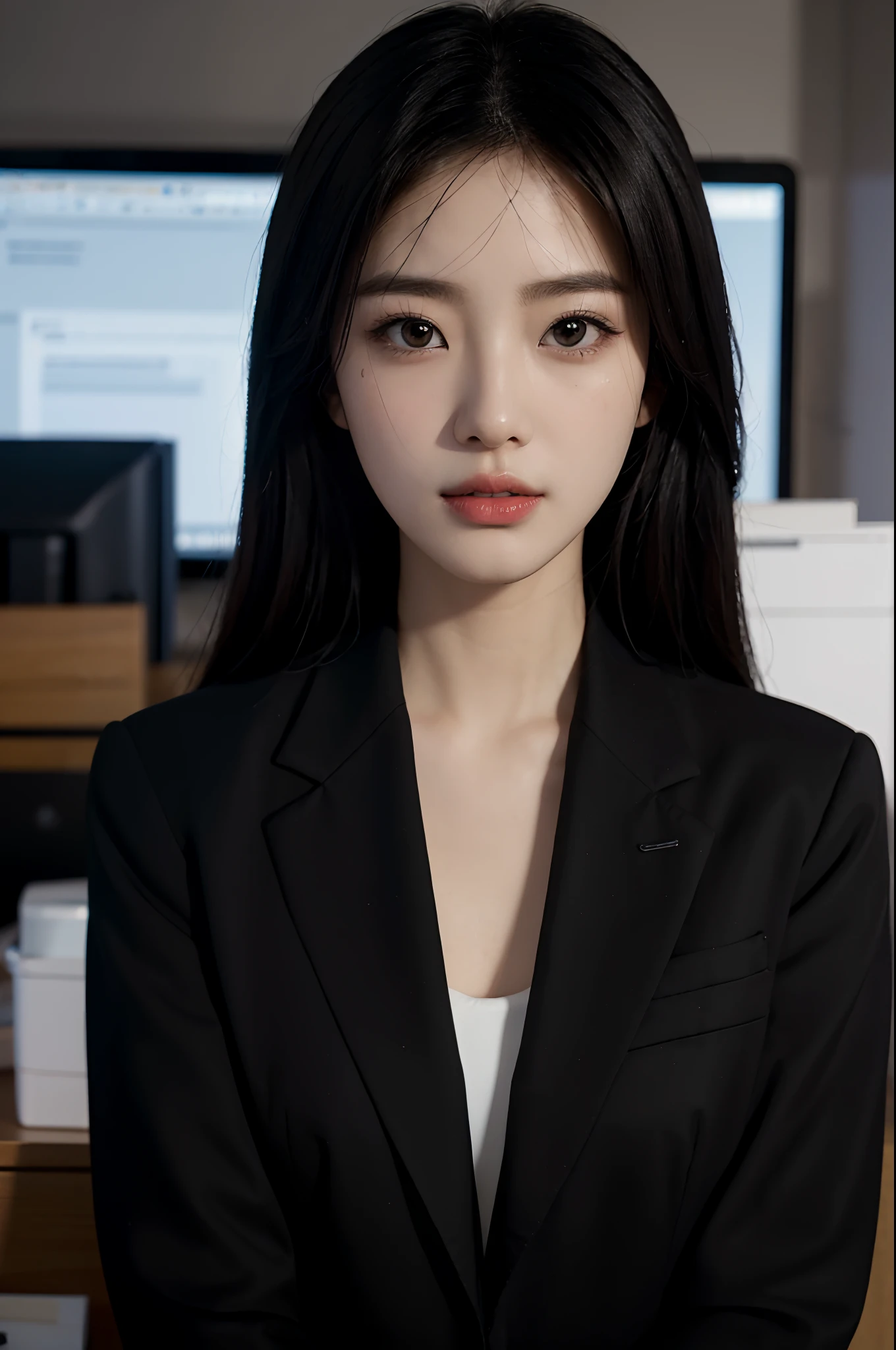 High-res, Realistic portrait of professional korean office lady with perfect skin,Professional suits,Women's suits,stand posture,The upper part of the body,Women in the workplace,Show confidence and maturity, Surrounded by a modern corporate environment, Vibrant and naturally lit highlights. The artwork should emphasize her elegant facial features, Including charming long eyes, Fluttering eyelashes and seductive lips. The scene should be enhanced with elements of professionalism and visual appeal,For example, Stylish work desk, Mainframe computers, High-resolution display, and complex stationery. The overall tone should be warm and professional, Has a soft and natural color palette. The artwork should exude a sense of professionalism, Success, and cultural pride,The background is blurred out