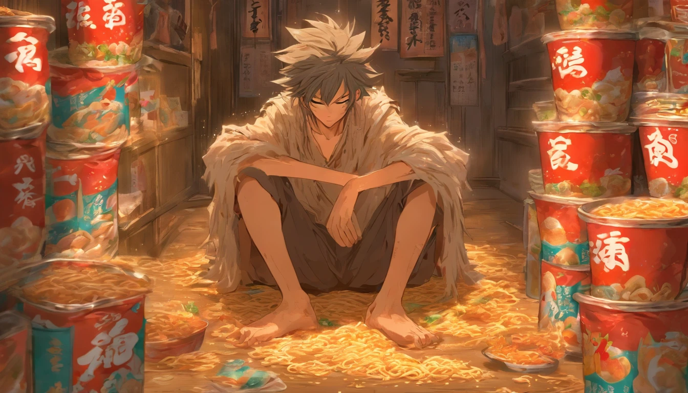 A young and emaciated person, wearing tattered clothes, squatting in a corner surrounded by empty instant noodle bags and bowls, emitting a depressing smell, ,in the style of the stars art group xing xing, 32k, best quality, masterpiece, super detail, high details