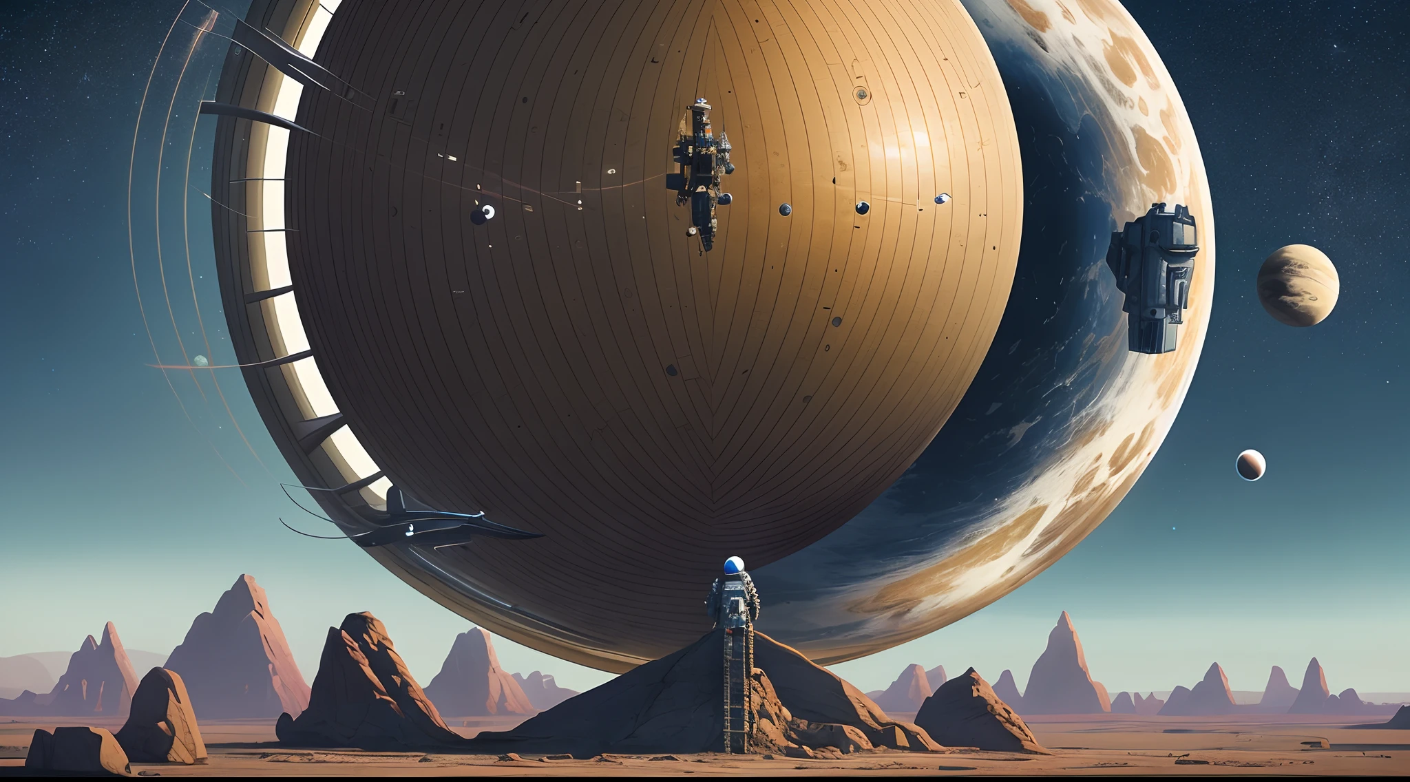 there is an Astronut standing on a rock looking at planets, sci-fi digital art, sci-fi digital art illustration, beeple art, sci - fi illustrations, sci-fi illustrations, sci fi art, science fiction art, realism | beeple, epic surrealism 8k oil painting, beeple and tim hildebrandt, sci-fi art