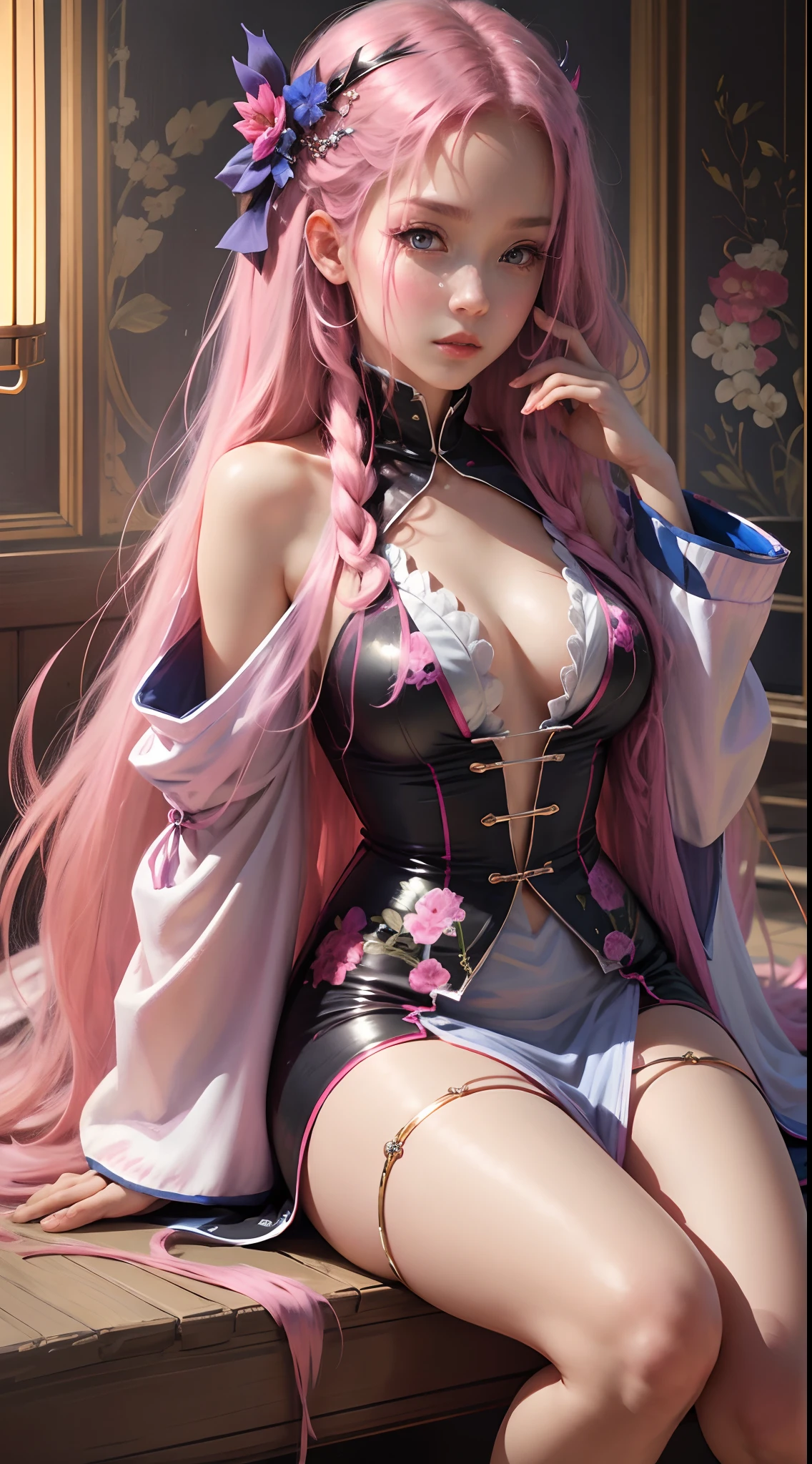 Masterpiece, Best quality,lacus-bk, 1girll, Solo, Long hair, Pink hair, Very long hair, Blue eyes, hair adornments, Japanese clothes, Detached sleeves