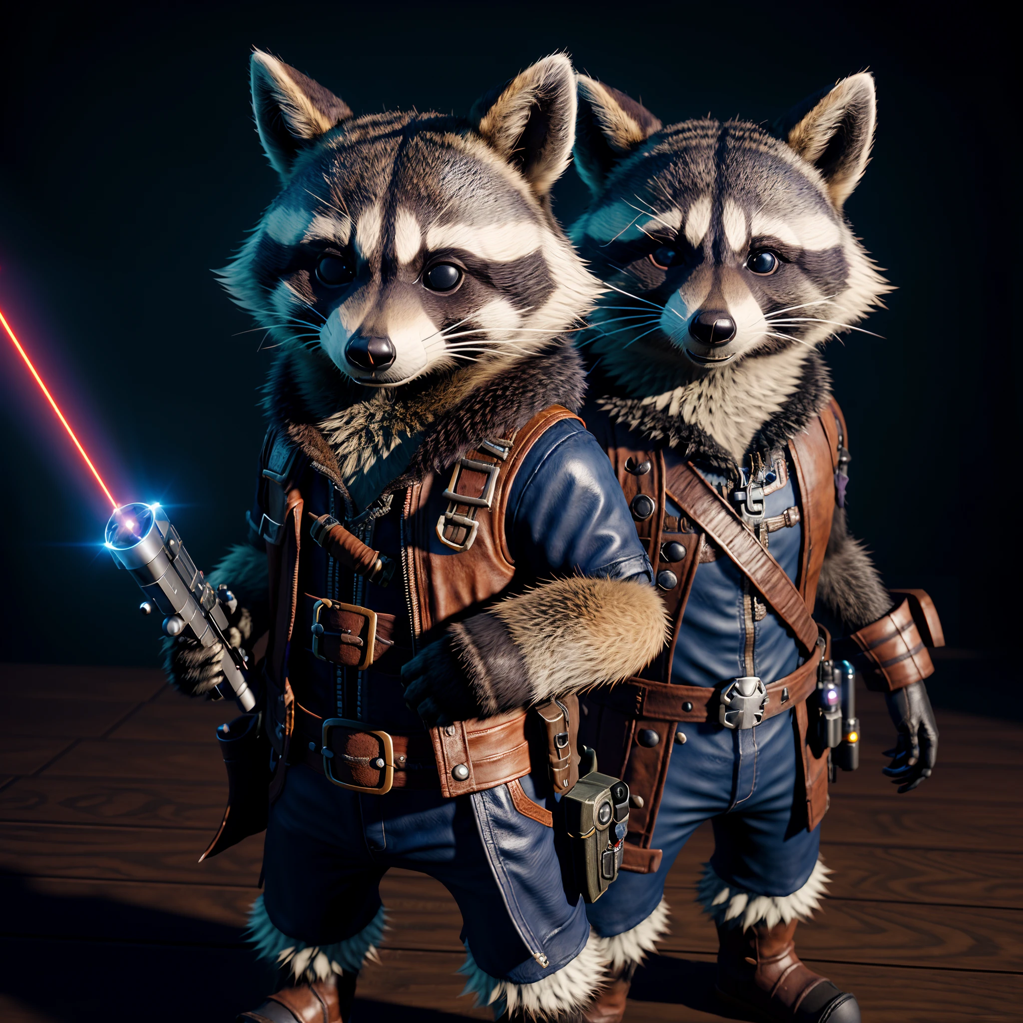a close up of a raccoon dressed in pirate clothing, anthropomorphic racoon, rocket raccoon, cute 3 d render, rolands zilvinskis 3d render art, racoon, furry character, high detail iconic character, unreal engine character art, racoon holding a laser gun, highly detailed character, render naughty dog, 3 d character render