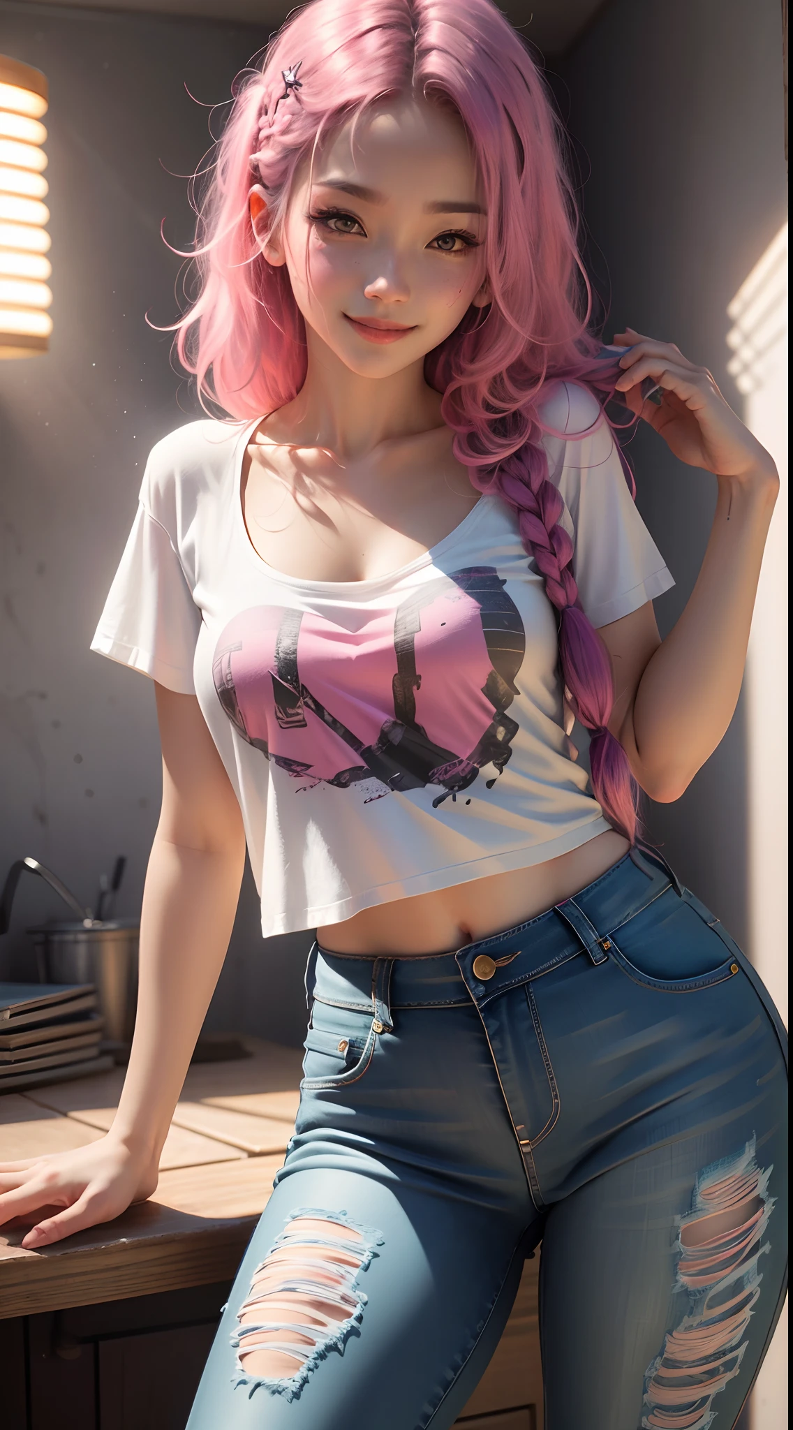 ,(Masterpiece, Best Illustration, Best Manga), Solo, 1girll, Violet eyes, (Shiny skin, Soft hair), (Take the shake), freckle, (Bright pink bi-tone hair:1.3), (Wear an LED Zeplin T-shirt, Denim Jeans Pants), (Extreme light and shadow, voluminetric lighting, rim lit), (Daylight:.5), (Rainbow lights, light leaks), (Seductive, fake smile), (Solo), Mangadusk 1, Wanhua1