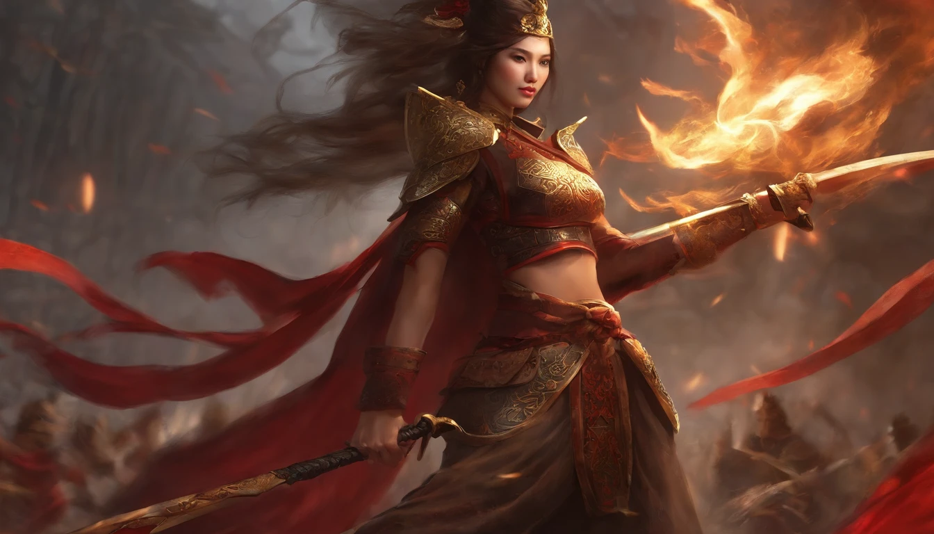 (Best quality), Detailed background, Oriental nobility,warrior girl,The art of fighting,holding halberd,their, Monster army