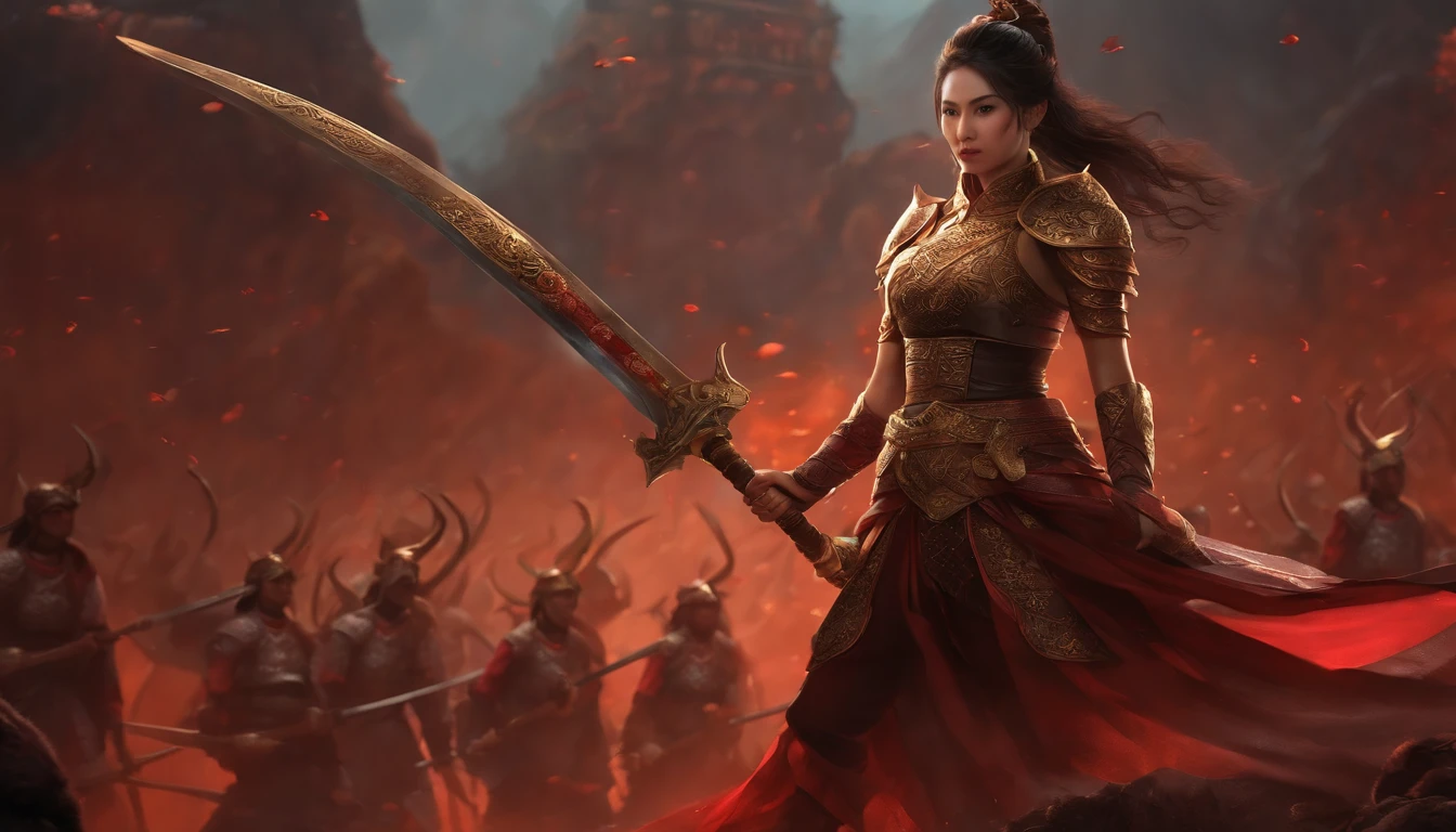 (Best quality), Detailed background, Oriental nobility,warrior girl,The art of fighting,holding halberd,their, Monster army