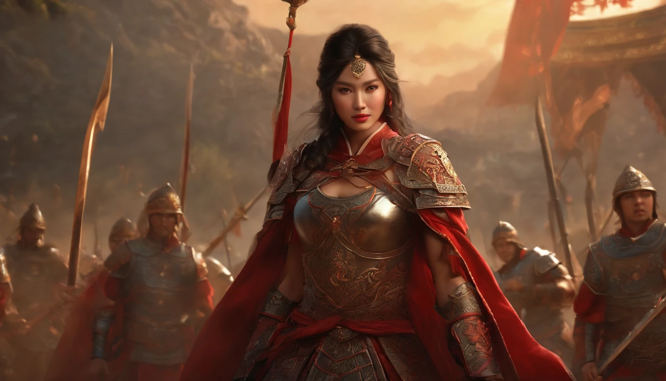 best quality, 8k uhd, dslr, soft lighting, high quality, volumetric lighting,1girl,(wh_chi_armor:1.3),(bloodshot eyes),furious,fight stance, holding spear,spear,armor dress,heroic,blood on face, blood on clothes,flying blood,horse,battlefield,red flags,smoke,sunset,