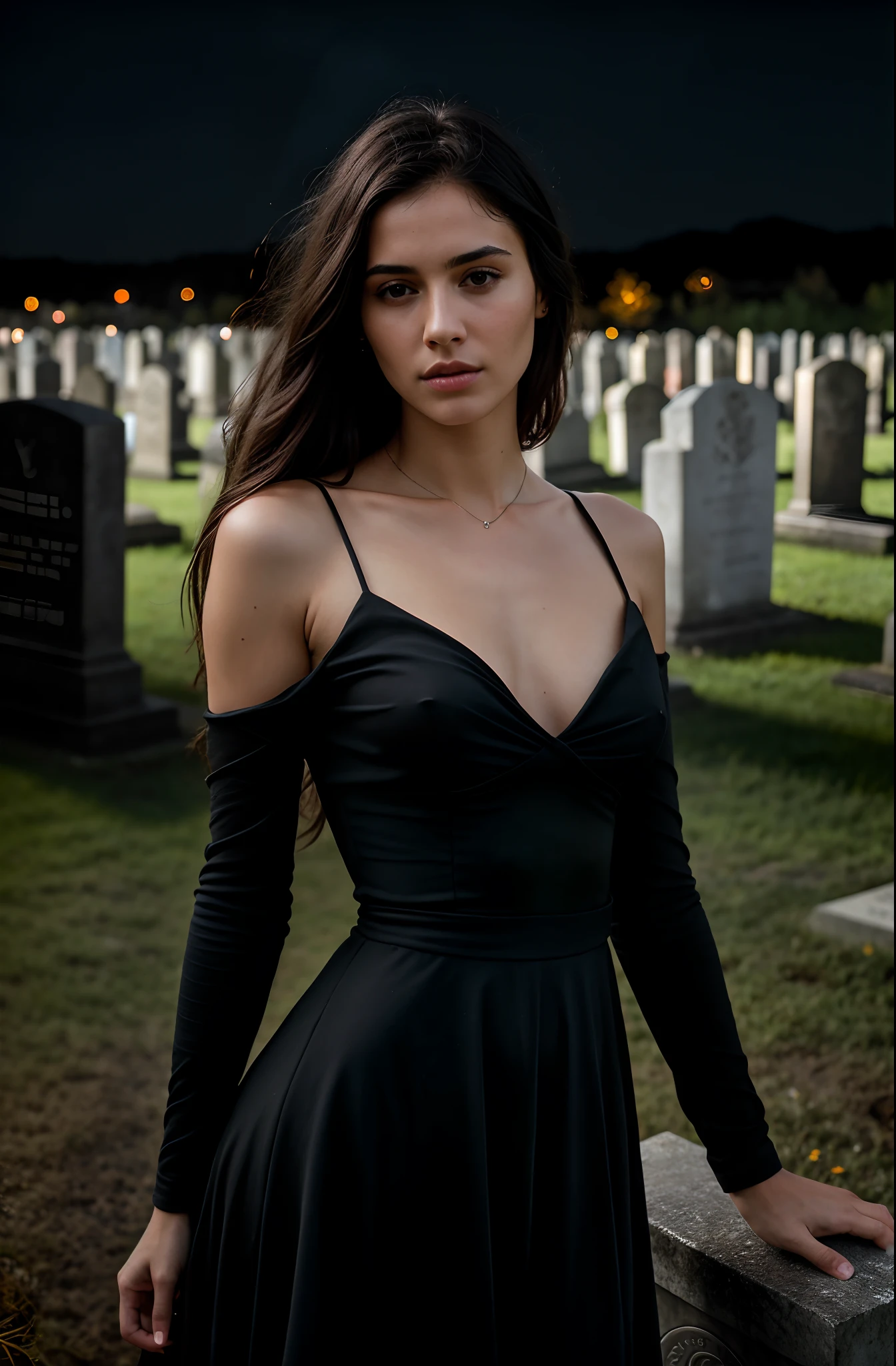 22 years old girl,borwn hair, on a graveyard, at night, crying het eyes out, slender, pale, (black dress), ((slim, petite)), toned stomach, photorealistic, photo, masterpiece, realistic, realism, photorealism, high contrast, photorealistic digital art trending on Artstation 8k HD high definition detailed realistic, detailed, skin texture, hyper detailed, realistic skin texture, armature, best quality, ultra high res, (photorealistic:1.4),, high resolution, detailed, raw photo, sharp re, by lee jeffries nikon d850 film stock photograph 4 kodak portra 400 camera f1.6 lens rich colors hyper realistic lifelike texture, grave stone in background, unrealengine trending on artstation cinestill 800
