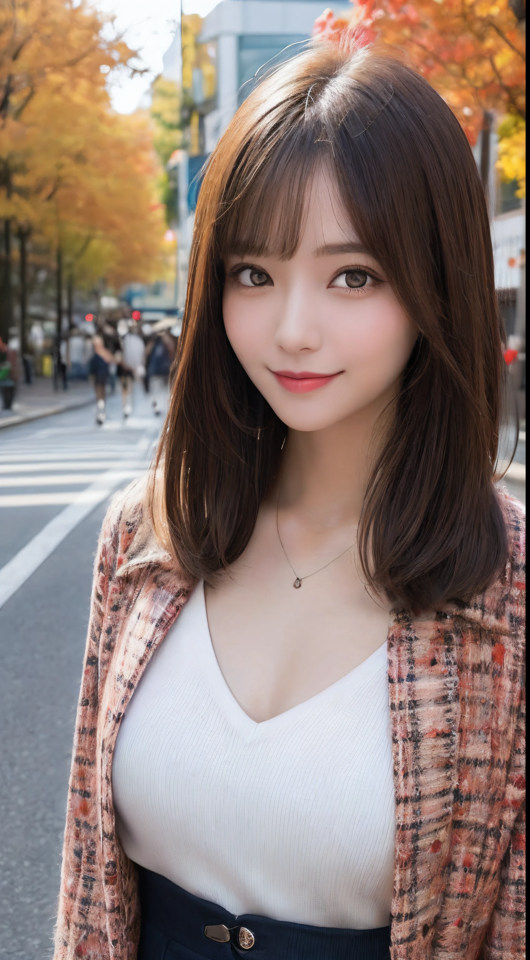 masutepiece, Best Quality, Illustration, Ultra-detailed, finely detail, hight resolution, 8K Wallpaper, Perfect dynamic composition, Beautiful detailed eyes, Women's Fashion Autumn Clothes,Medium Hair,Small breasts natural color lip, Bold sexy poses,Smile,Harajuku、20 years girl、Cute、Sexy shot looking at camera