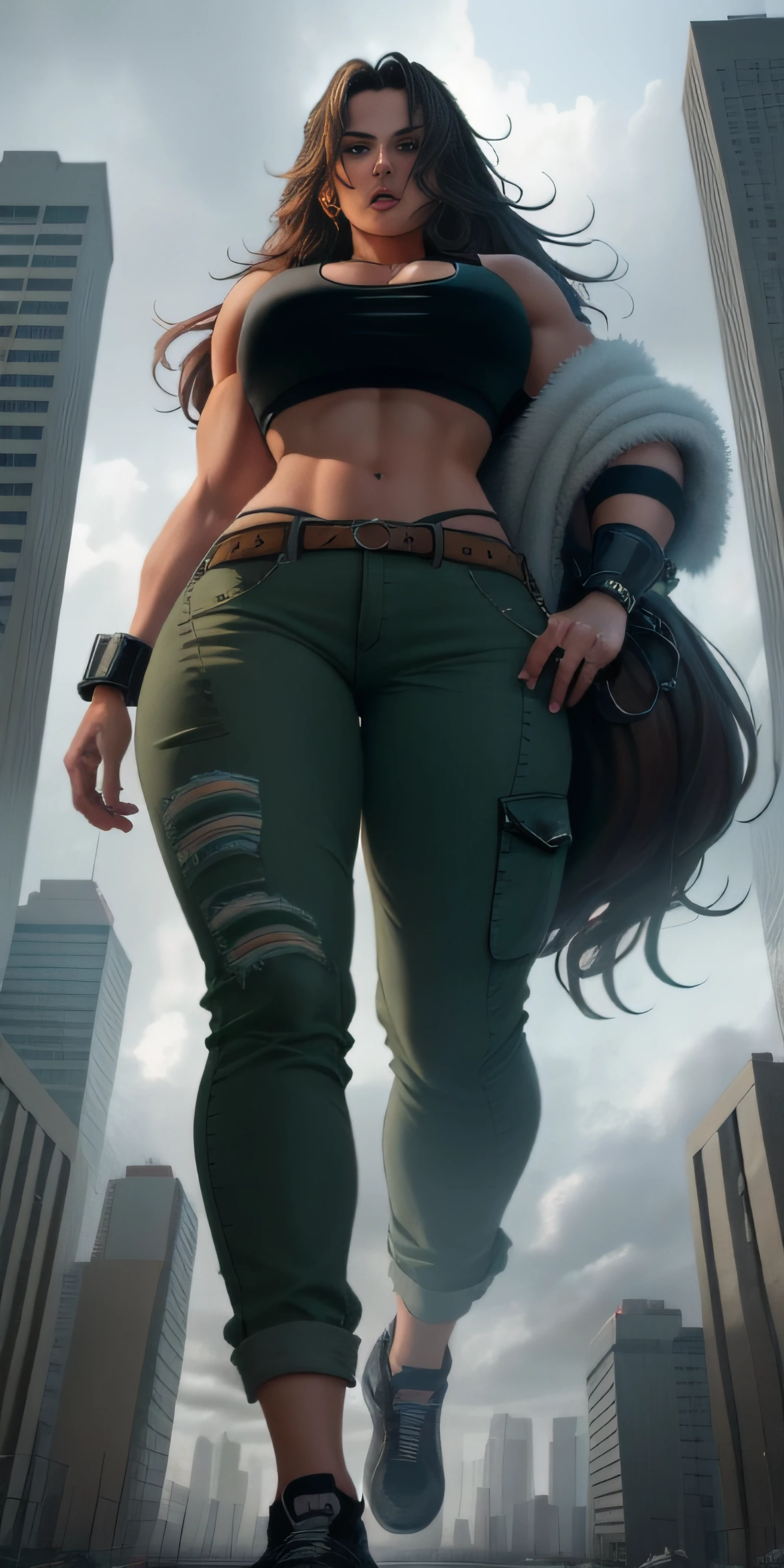 "A towering Muscle Giantess in a cool and laid-back hippie style is rocking a crop top and baggy pants. Her toned and athletic build hints at her massive strength. She seems to be casually strolling through the bustling cityscape of GTS City, as towering buildings loom overhead. Smoke and clouds roil around her, adding to the sense of epic scale and drama. The lighting is dark, gloomy, and realistic, creating a tense and ominous atmosphere. The perspective is from below, emphasizing the sheer majesty and power of the Giantess."