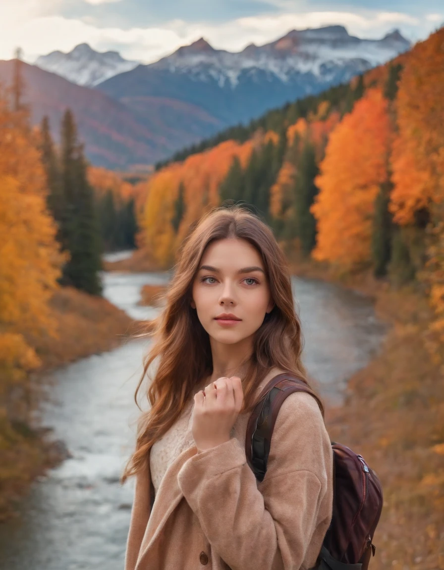 (beautiful skyline, magnificent sky), (dramatic and dramatic graphics, moving visuals), (hanging north star, colorful natural light), (an 18-year-old beautiful girl, bust), (casual dress, with backpack), (Canadian orange maple leaf mountain background)),upper body