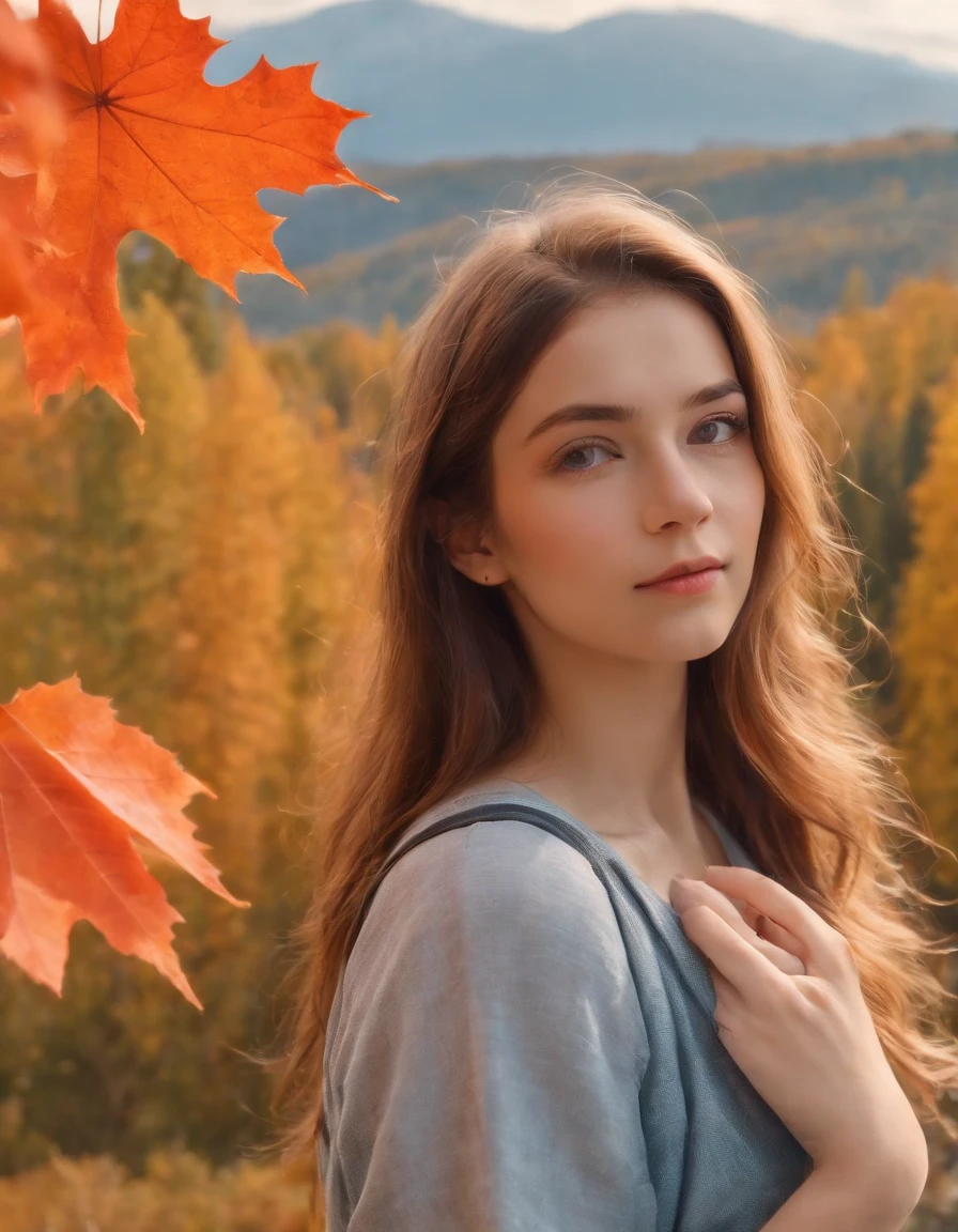 (beautiful skyline, magnificent sky), (dramatic and dramatic graphics, moving visuals), (hanging north star, colorful natural light), (an 18-year-old beautiful girl, bust), (casual dress, with backpack), (Canadian orange maple leaf mountain background)),upper body