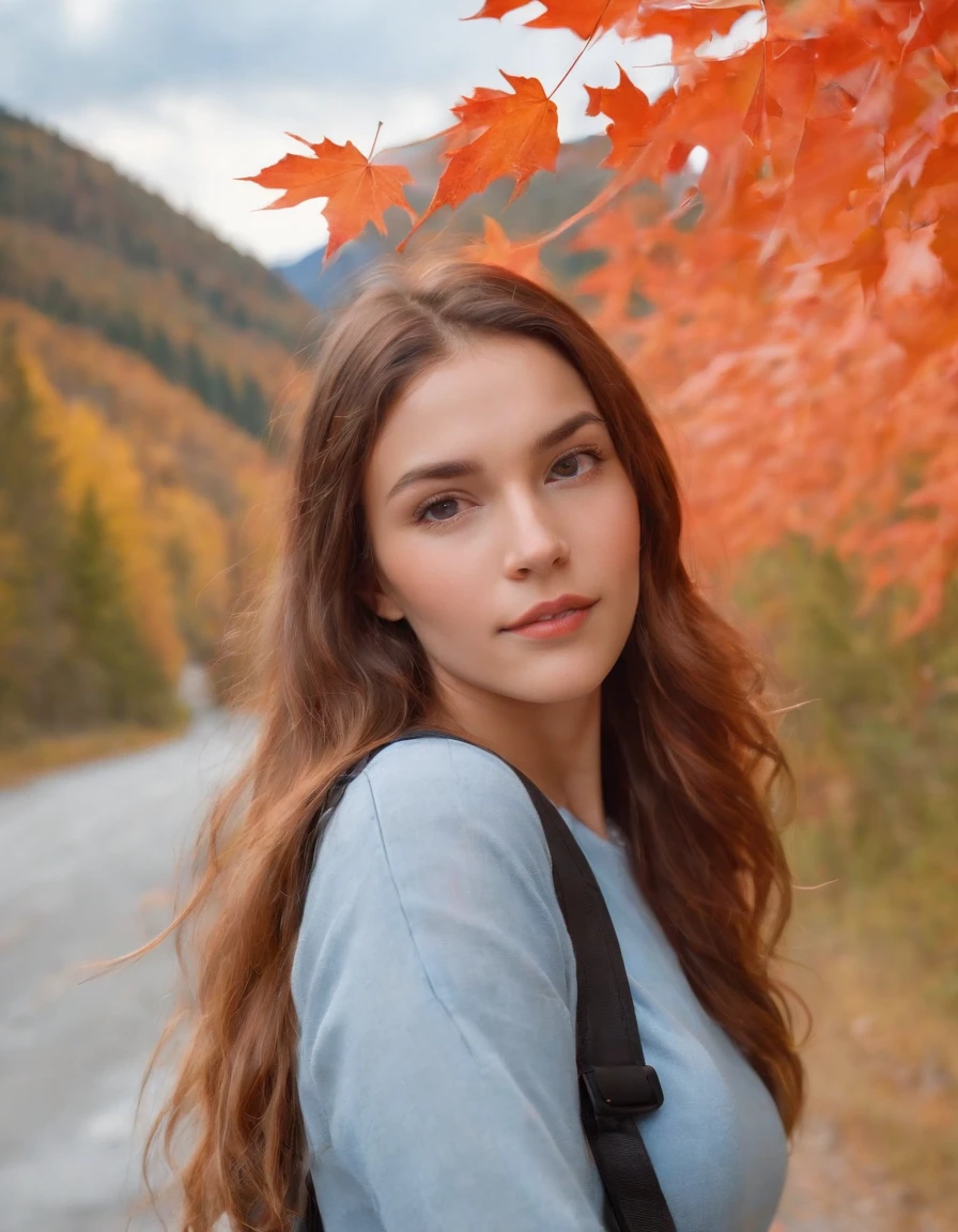 (beautiful skyline, magnificent sky), (dramatic and dramatic graphics, moving visuals), (hanging north star, colorful natural light), (an 18-year-old beautiful girl, bust), (casual dress, with backpack), (Canadian orange maple leaf mountain background)),upper body