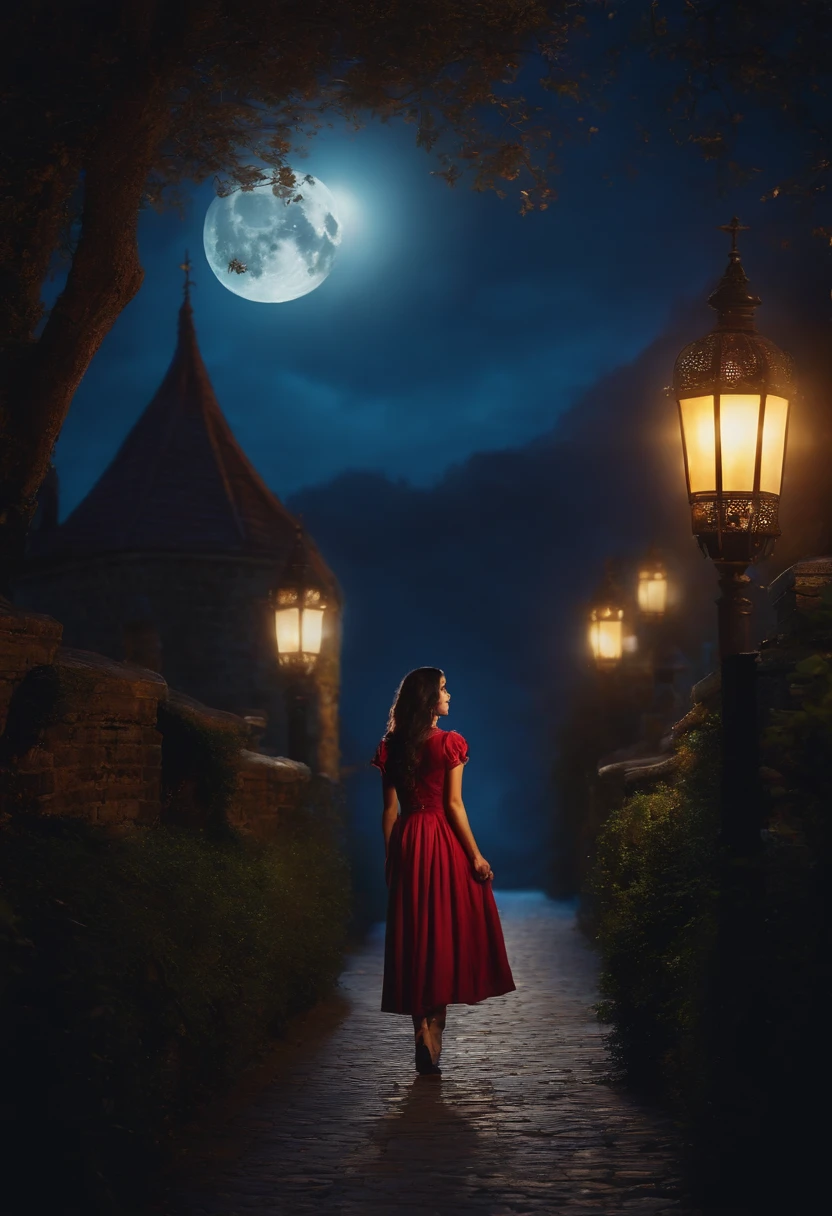 Dark-haired girl walking in castle garden on full moon night