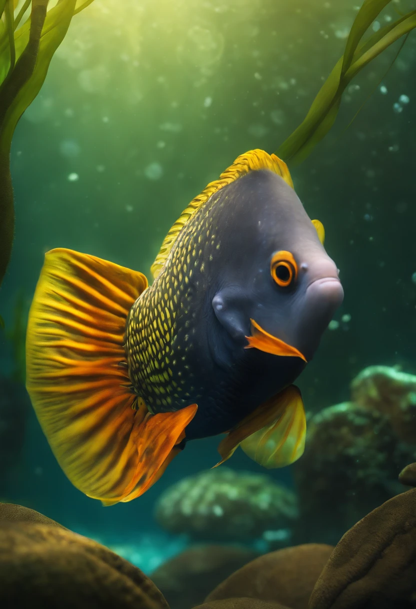 Big-eared fish，adolable，sprout，Elephant ears，Humanoid body，amarelo，fish scales