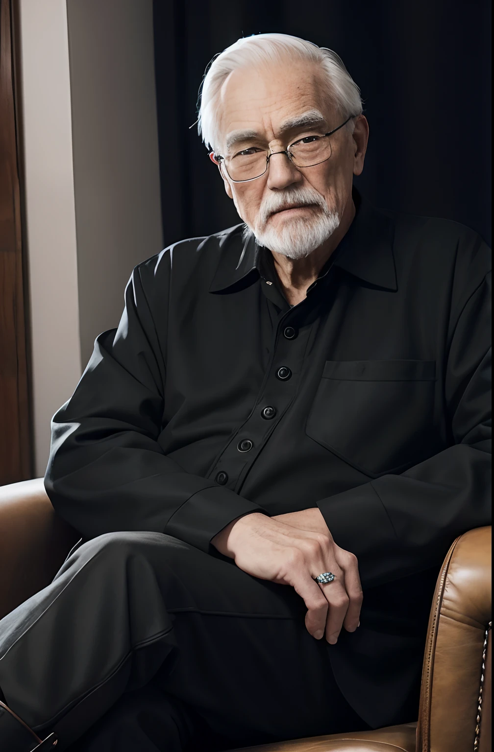 with a goatee，Old gentleman in black riding boots，Show off his boots，The light source is in the upper left corner。