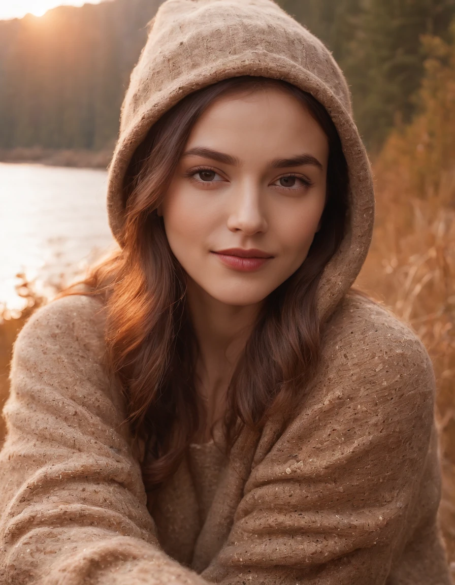 1 woman ((upper body selfie, happy)), masterpiece, best quality, ultra-detailed, solo, outdoors, (night), mountains, nature, (stars, moon) cheerful, happy, backpack, sleeping bag, camping stove, water bottle, mountain boots, gloves, sweater, hat, flashlight, forest, rocks, river, wood, smoke, shadows, contrast, clear sky, analog style (look at viewer:1.2) (skin texture) (film grain:1.3), (warm hue, warm tone:1.2), close up, cinematic light, sidelighting, ultra high res, best shadow, RAW, upper body, wearing pullover