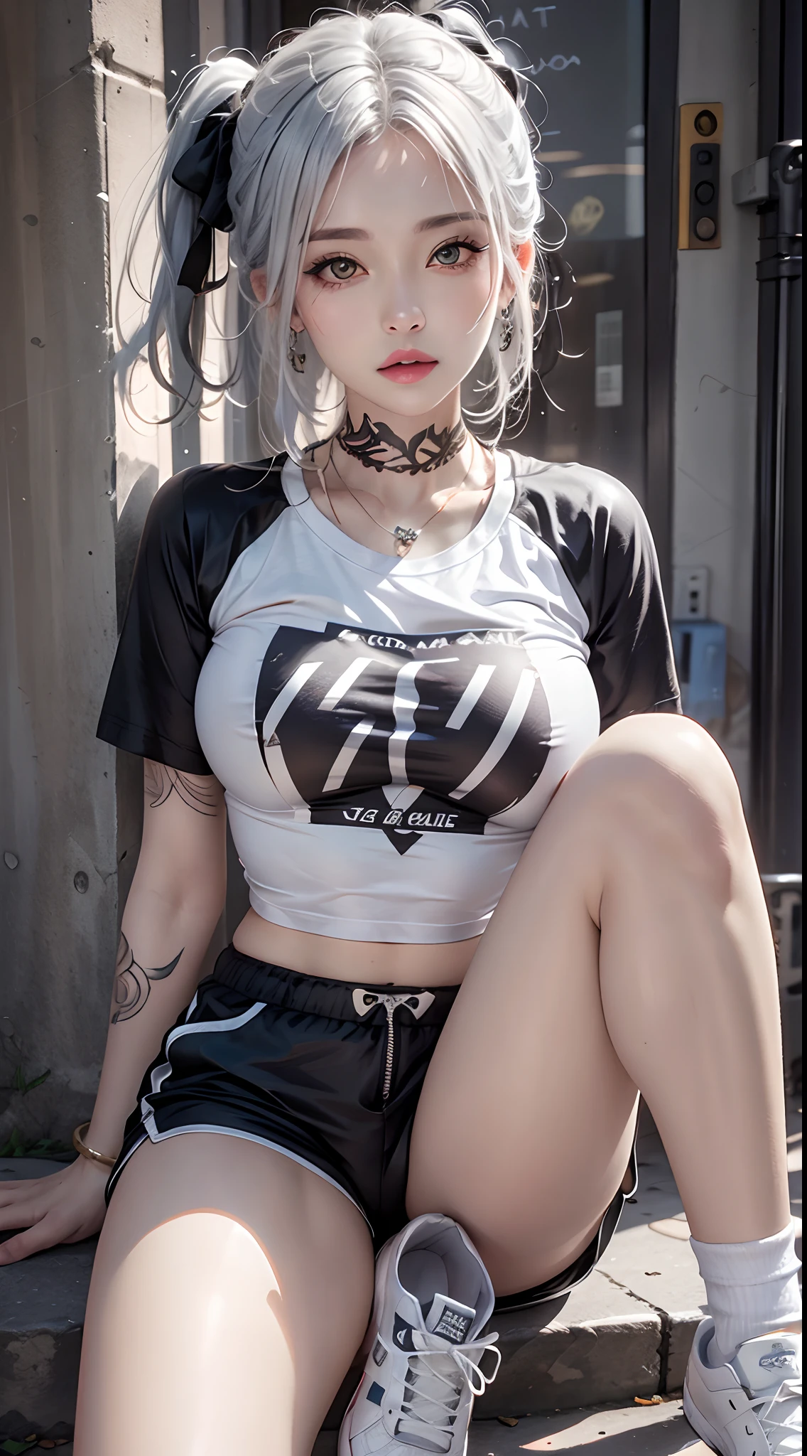 photorealistic, high resolution, 1women, mature female, solo, hips up, jewelry, tattoo, street wear, t-shirt, white hair, shorts, sitting, sport shoes