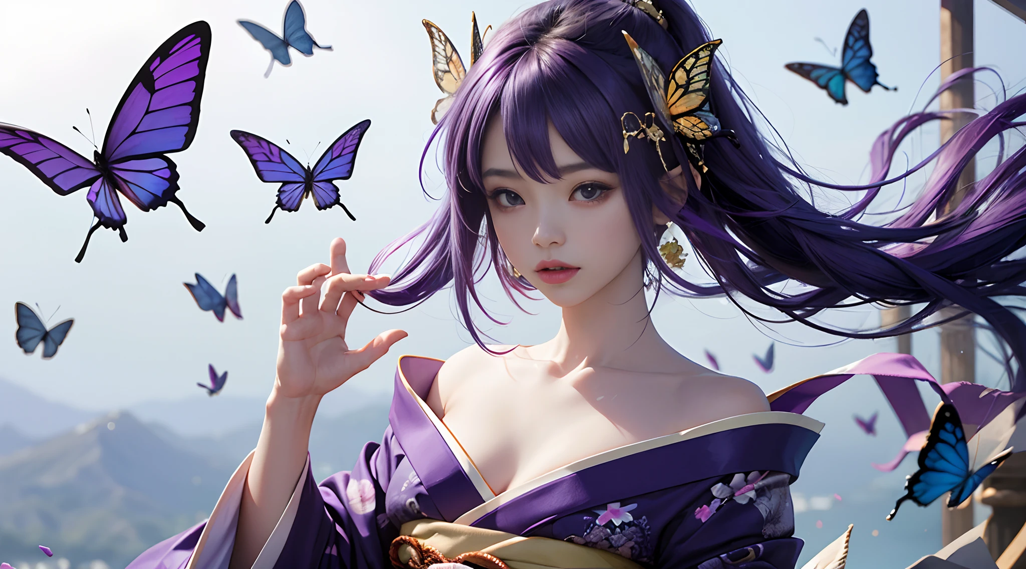 a picture、It's like a photo、A Japanese Lady、20yr old、Purple hair color、purpleish color、Beautiful glass hair、beautiful hair decoration、Wearing kimono、Butterflies around々is flying、Beautiful skin