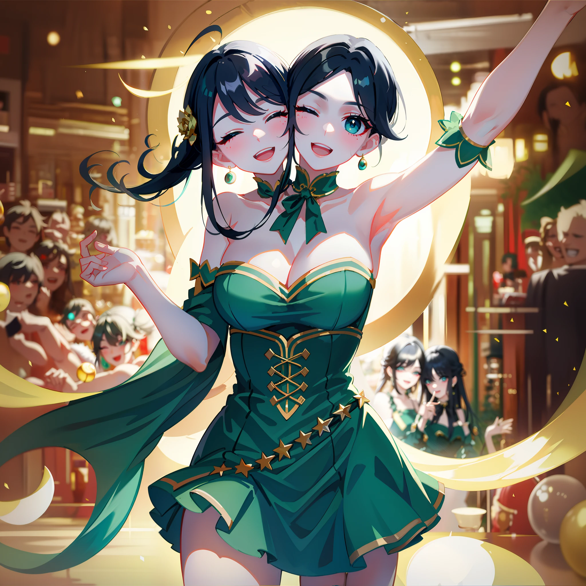 (masterpiece, best quality), best resolution, (2heads:1.5), 1girl, black hair, teal eyes, three eyes open and one eye closed, open mouth, happy, party clothes, festive street parade at night, close-up