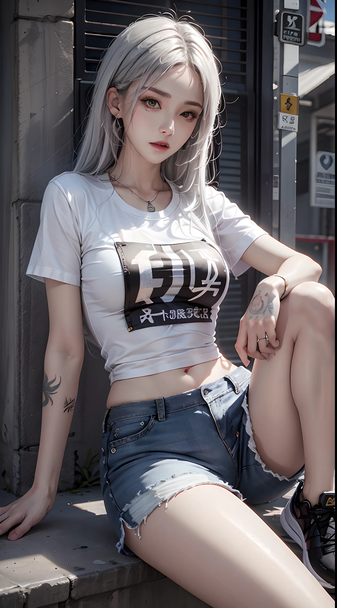 photorealistic, high resolution, 1women, mature female, solo, hips up, jewelry, tattoo, street wear, t-shirt, white hair, shorts, sitting, sport shoes