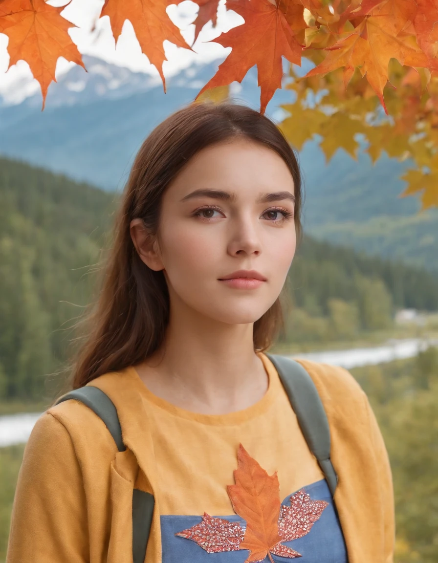 (beautiful skyline, magnificent sky), (dramatic and dramatic graphics, moving visuals), (hanging north star, colorful natural light), (an 18-year-old beautiful girl, bust), (casual dress, with backpack), (Canadian orange maple leaf mountain background)),upper body