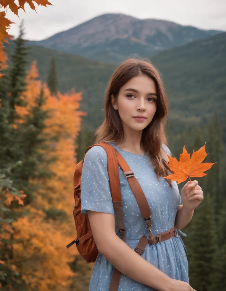 (beautiful skyline, magnificent sky), (dramatic and dramatic graphics, moving visuals), (hanging north star, colorful natural light), (an 18-year-old beautiful girl, bust), (casual dress, with backpack), (Canadian orange maple leaf mountain background)),upper body