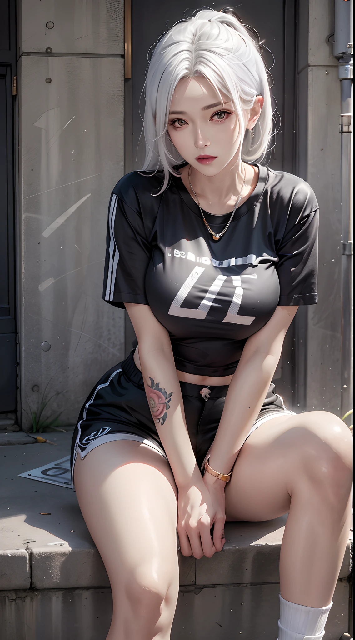 photorealistic, high resolution, 1women, mature female, solo, hips up, jewelry, tattoo, street wear, t-shirt, white hair, shorts, sitting, sport shoes