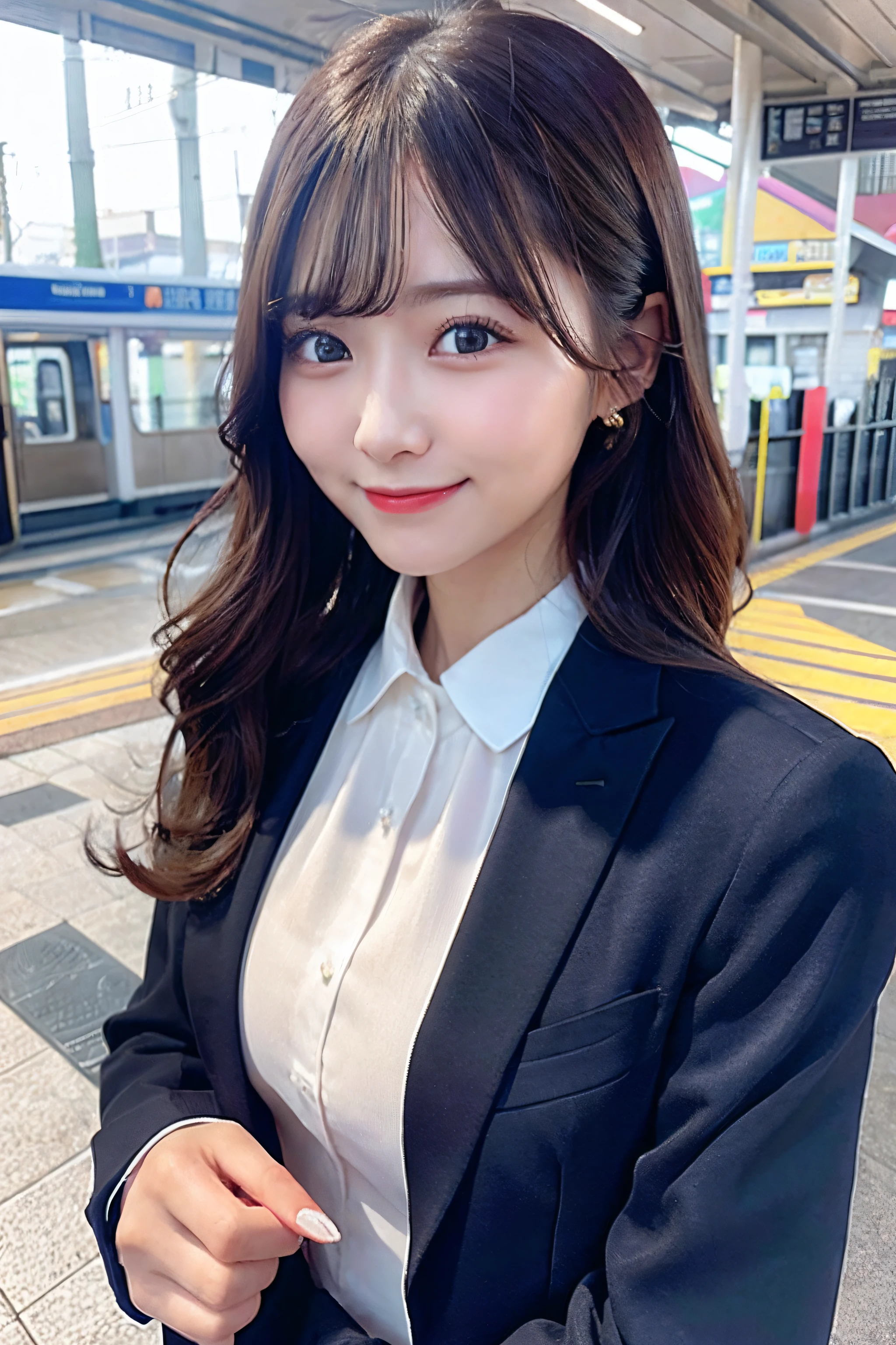 Station platform、Woman in a suit、Best Quality、hight resolution、A detailed face、Blouse、A smile、Medium Hair、curls
