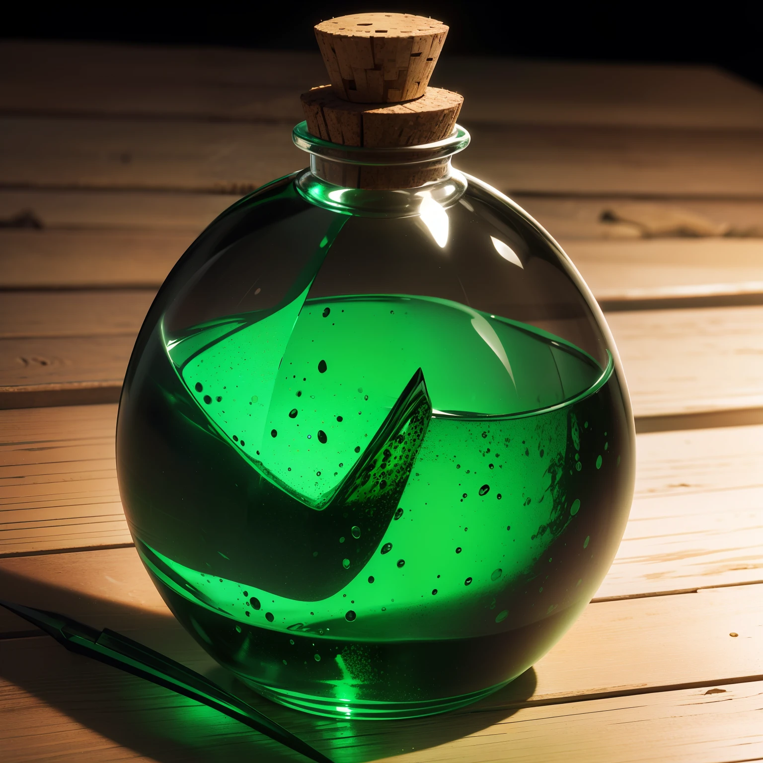 Generate a potion, The potion is usually contained in a small glass vial with a cork stopper. The liquid inside is typically a shimmering green color. Realistic, hd, intricate, detailed, highly detailed, bright