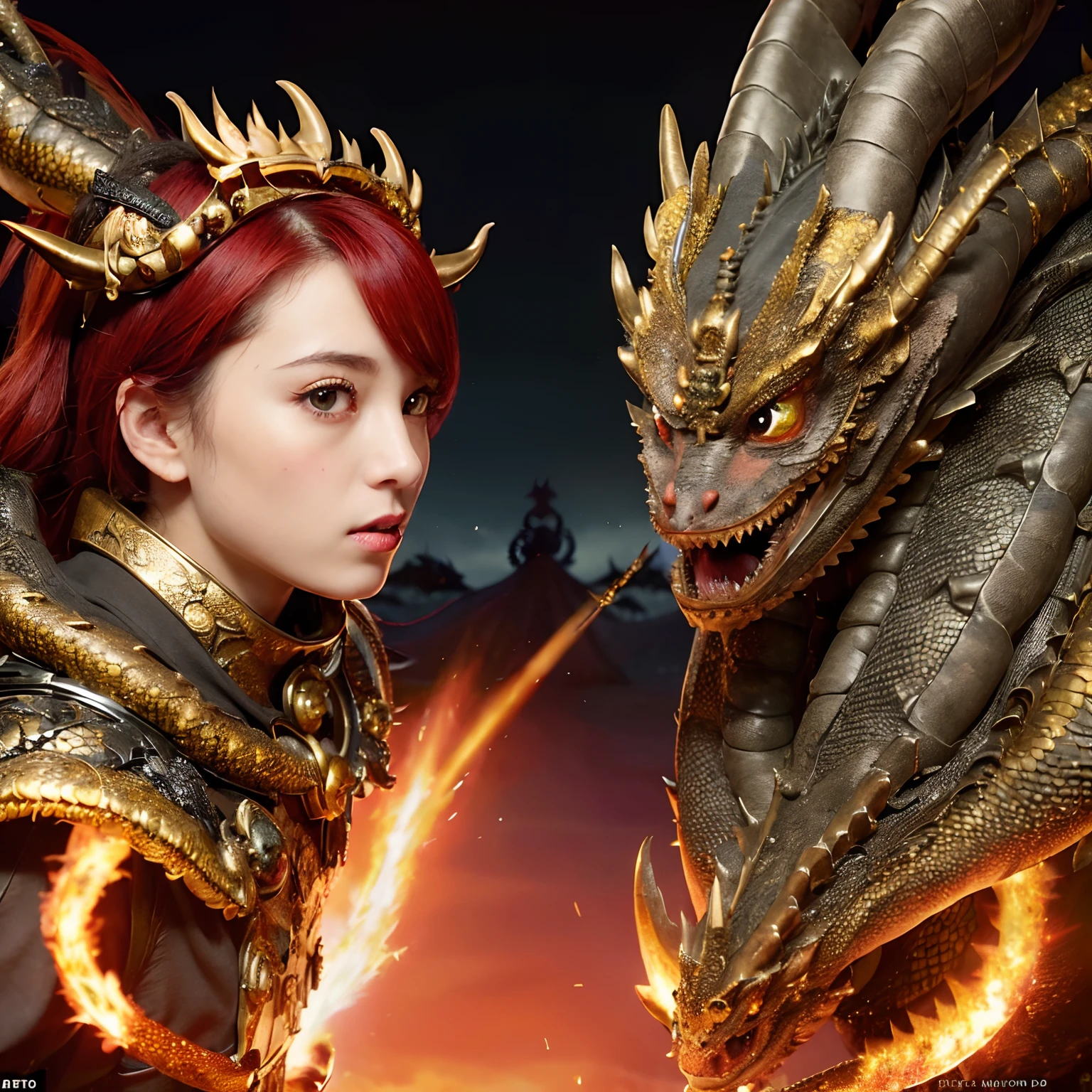 (The Ultimate Beauty Face), Professional , masterpiece、top-quality、photos realistic , depth of fields (Gemstone Black Metal Body:1.4),(Matte Gold、(cleavage of the breast)、Dragon Gold Weapon,Mystical expression、Particles of light、((((Fight dragons)))、(Dragon Metal Body:1.4),Gorgeous gold weapons ,(( Dragon's dense and gorgeous sword)) , Beautiful knife ,warhammer 40k , adepta sororitas,Detail and gorgeous crown、((Red hair))、(Castle background)、、((Gangle's forest background))、Beautiful Caucasian beauty、1a person、dynamic ungle,(((Detailed and ornate Black Devil Crown)))、Smaller head、A smile、Castle background、Thin and beautiful female hands、cleavage of the breast、Soldier in iron armor on background、Mystical expression、Light Effects、intense fighting、Wind-effect、magic circles、With the legendary magic wand、(demonic wings)、