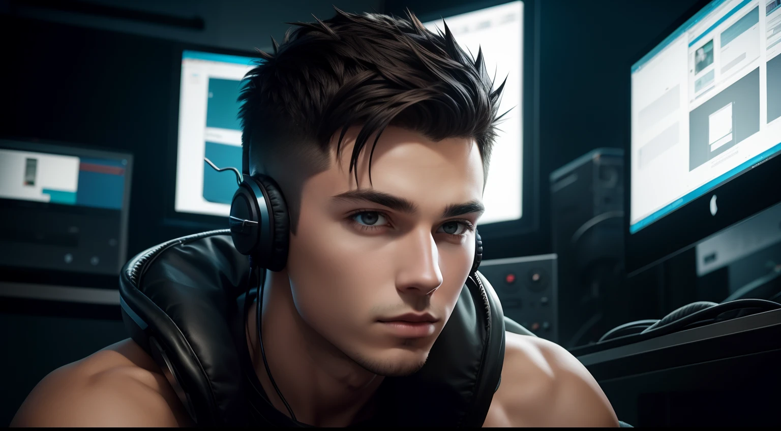 young man name urban legend with short spiky hair in Studio co siting with headphone in ear seeing camera front show full body