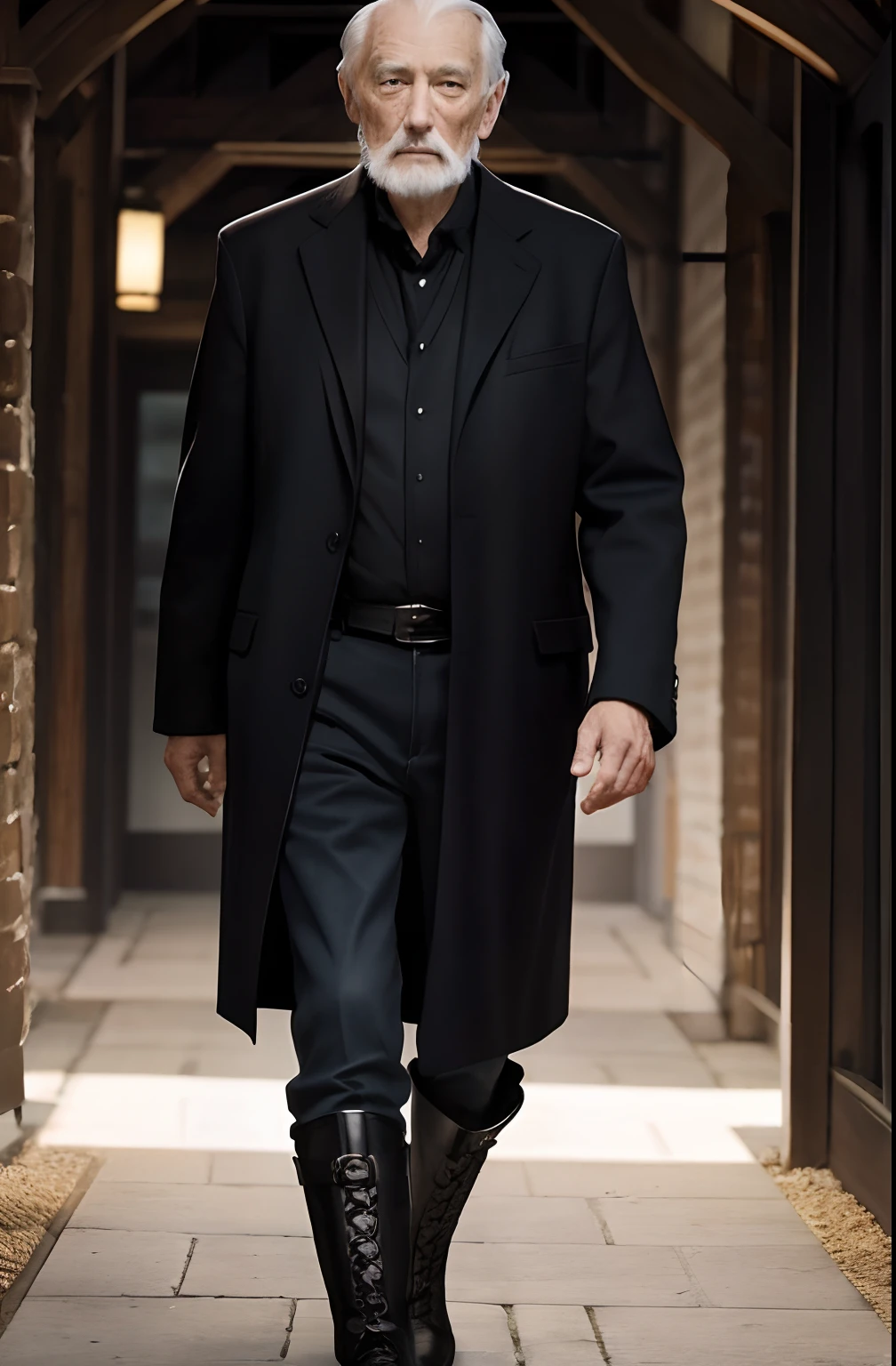 with a goatee，Old gentleman in black riding boots，Show off his boots，The light source is in the upper left corner。