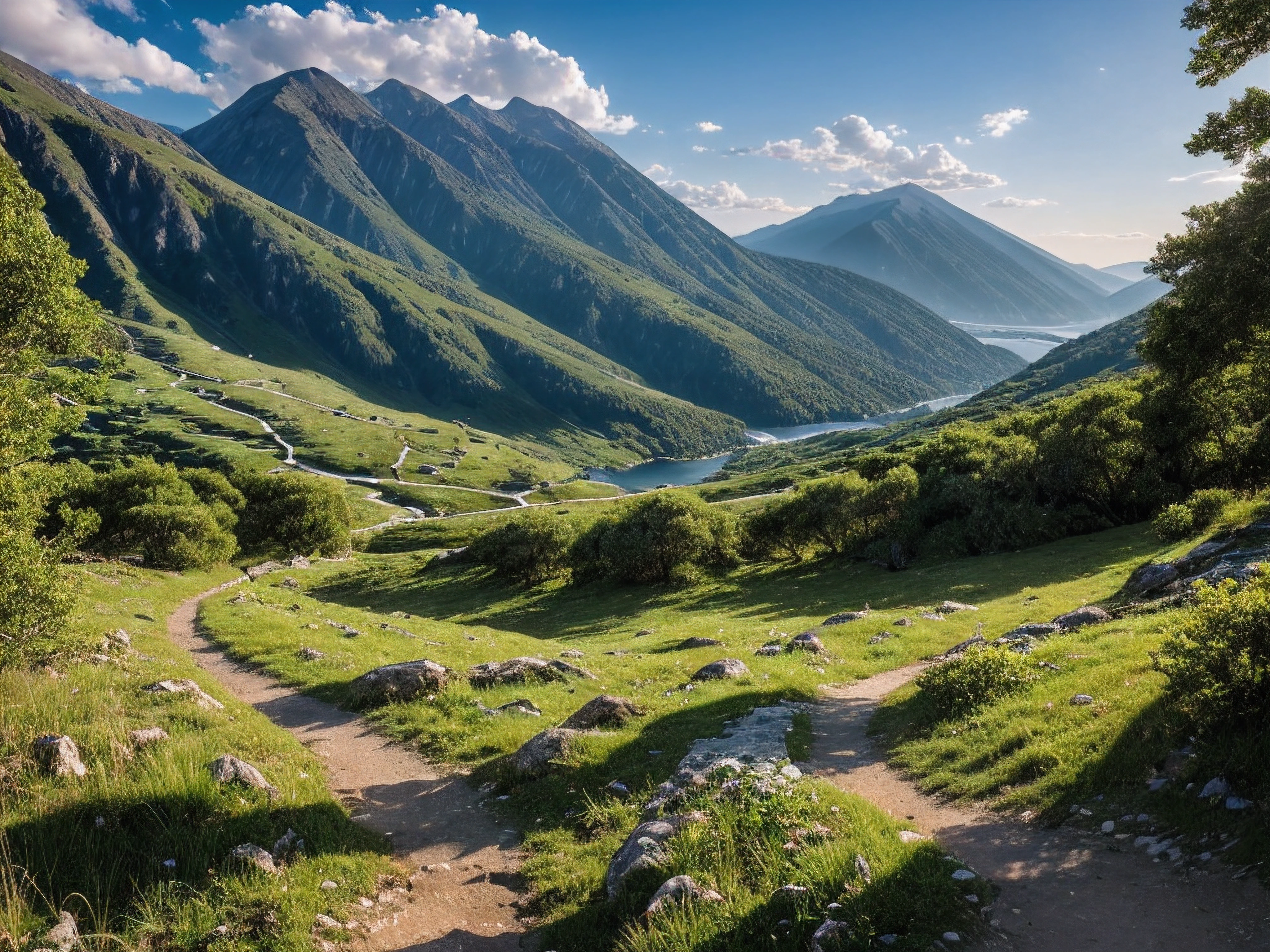 very high resolution, (fidelity: 1.4), photo, day, best quality, 8k, (masterpiece: 1.3), ultra realistic, bright sun, spring, lush vegetation, 1 path, view of 1 rocky path leading to the top of the mountain, path high in the mountains, very high mountains, peaks visible in other mountains, best quality, very high resolution, raw photo, bright diffused light, hyperrealistic, detailed nature,