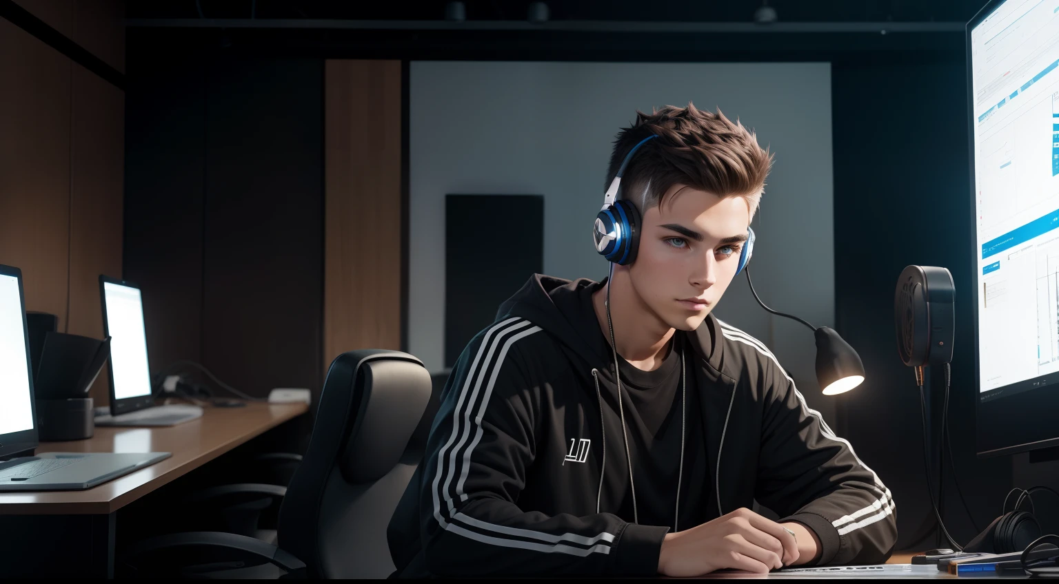 young man name urban legend with short spiky hair in Studio co siting with headphone in ear seeing camera front show full body