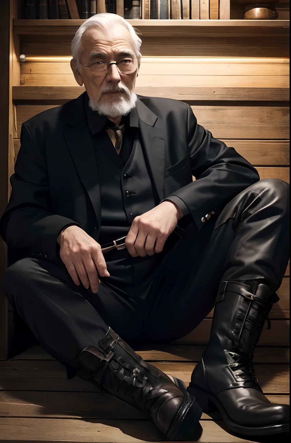 with a goatee，Old gentleman in black riding boots，Show off his boots，The light source is in the upper left corner。