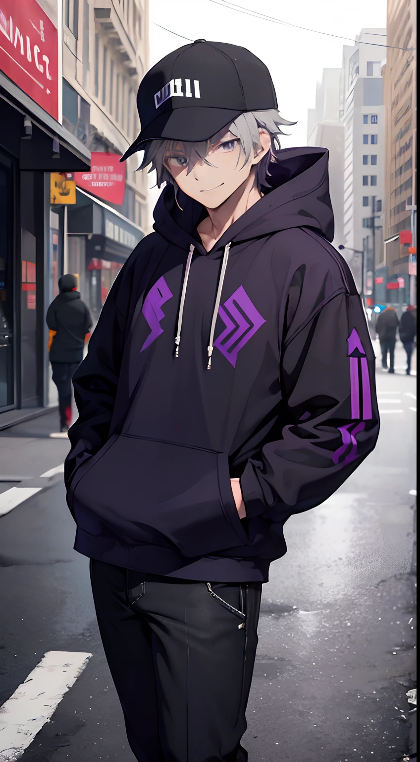 masterpiece,1man,solo, hairstylist,gray hair,purple eyes,hoodie,mob cap,street,hand on hip,hand in pocket,badass,mascular,evil smile