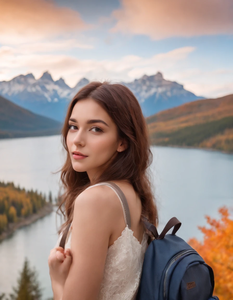 (beautiful skyline, magnificent sky), (dramatic and dramatic graphics, moving visuals), (hanging north star, colorful natural light), (an 18-year-old beautiful girl, bust), (casual dress, with backpack), (Canadian orange maple leaf mountain background)),upper body