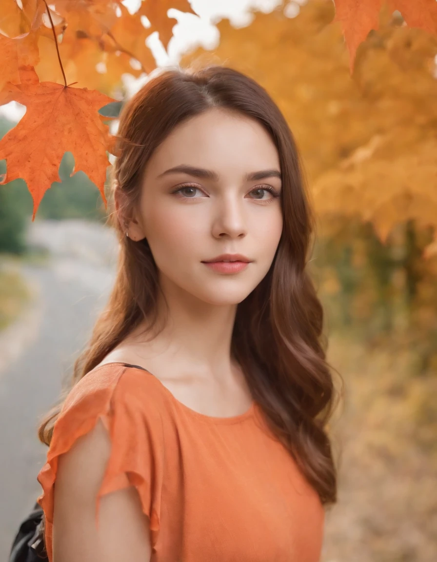 (beautiful skyline, magnificent sky), (dramatic and dramatic graphics, moving visuals), (hanging north star, colorful natural light), (an 18-year-old beautiful girl, bust), (casual dress, with backpack), (Canadian orange maple leaf mountain background)),upper body