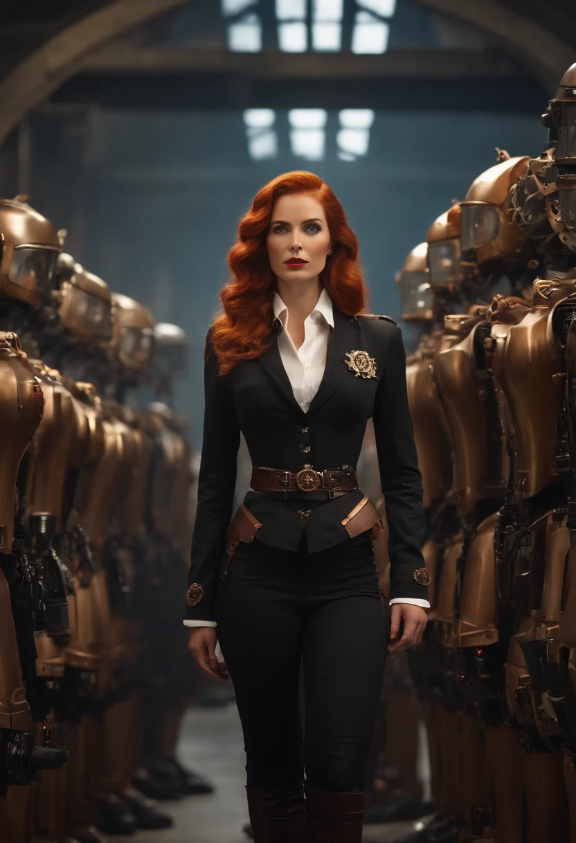 There is a woman standing in front of a group of robots, steampunk male portrait, synthetic, beautiful android woman, stormy and grand war scene, Inspired by Richard Arviden, a black dieselpunk policewoman, redhead woman, Girl in suit, Intricate fashion clothing, beautiful female soldier