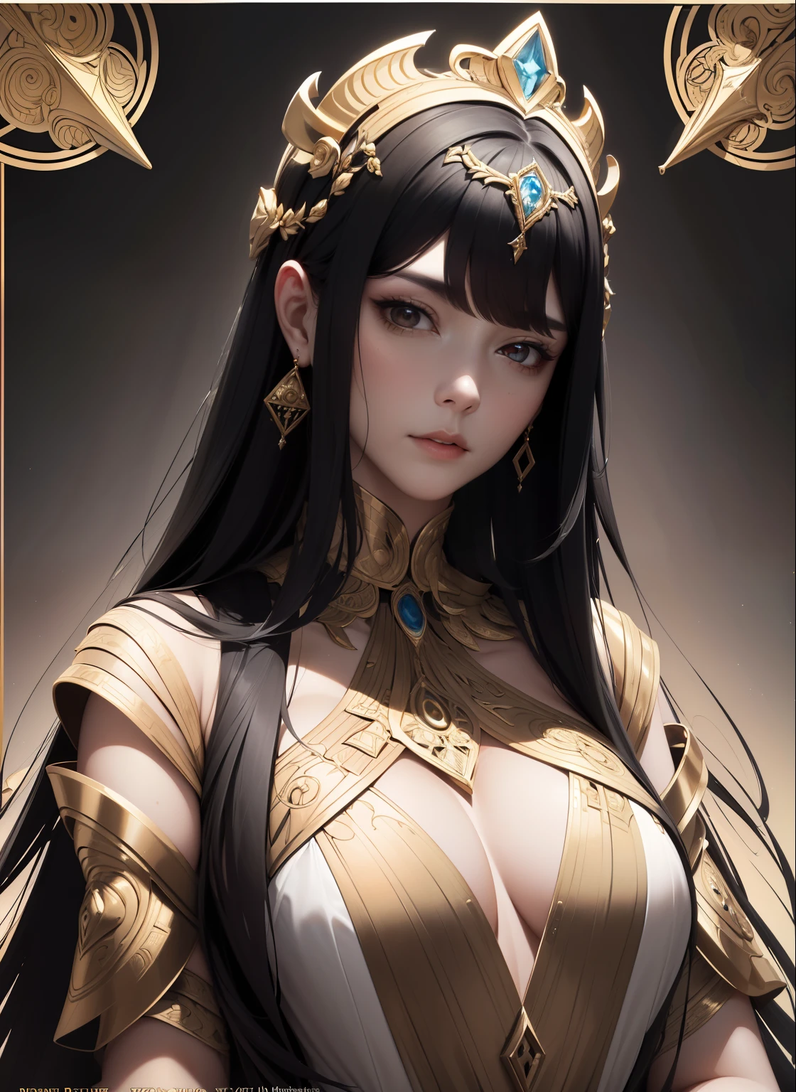 (masuter piece,Best Quality,Ultra-detailed), (A detailed face),nobles, Stunning realistic pictures of Greek characters, hight resolution, 1girl in, (front-facing view), (masuter piece,Best Quality,Ultra-detailed),(absurderes),(Fractal Art:1.3),1womanl, A dark-haired, Woman with black hair,Black and gold aristocratic dress，Titanium decorative headdress，sanctuary, ,Dagger decoration, flat-chest, (Beautiful Detail Eye: 1.1), (Detailed hand), (Detail light: 1.1), Film Light, Pale skin type, (looking at the viewers), (magazine:1.3), (cover-style:1.3), Textured skin, Super Detail, Tarot Boundary, border, Alfonse Mucha, Dynamic streaks, locus:1.2, golden colored, Beautiful and bright color scheme, portraitures, Look at viewers, 独奏, (full body Esbian:0.6), A detailed face, (Ancient Mesopotamian theme), Sumerian, Mesopotamian mythology, Uruk, ziggurat, Demigod,Floral hair ornament, (A thriving civilization), Ancient palaces, stele, particles floating, Fibonacci,Accomplishment,lady