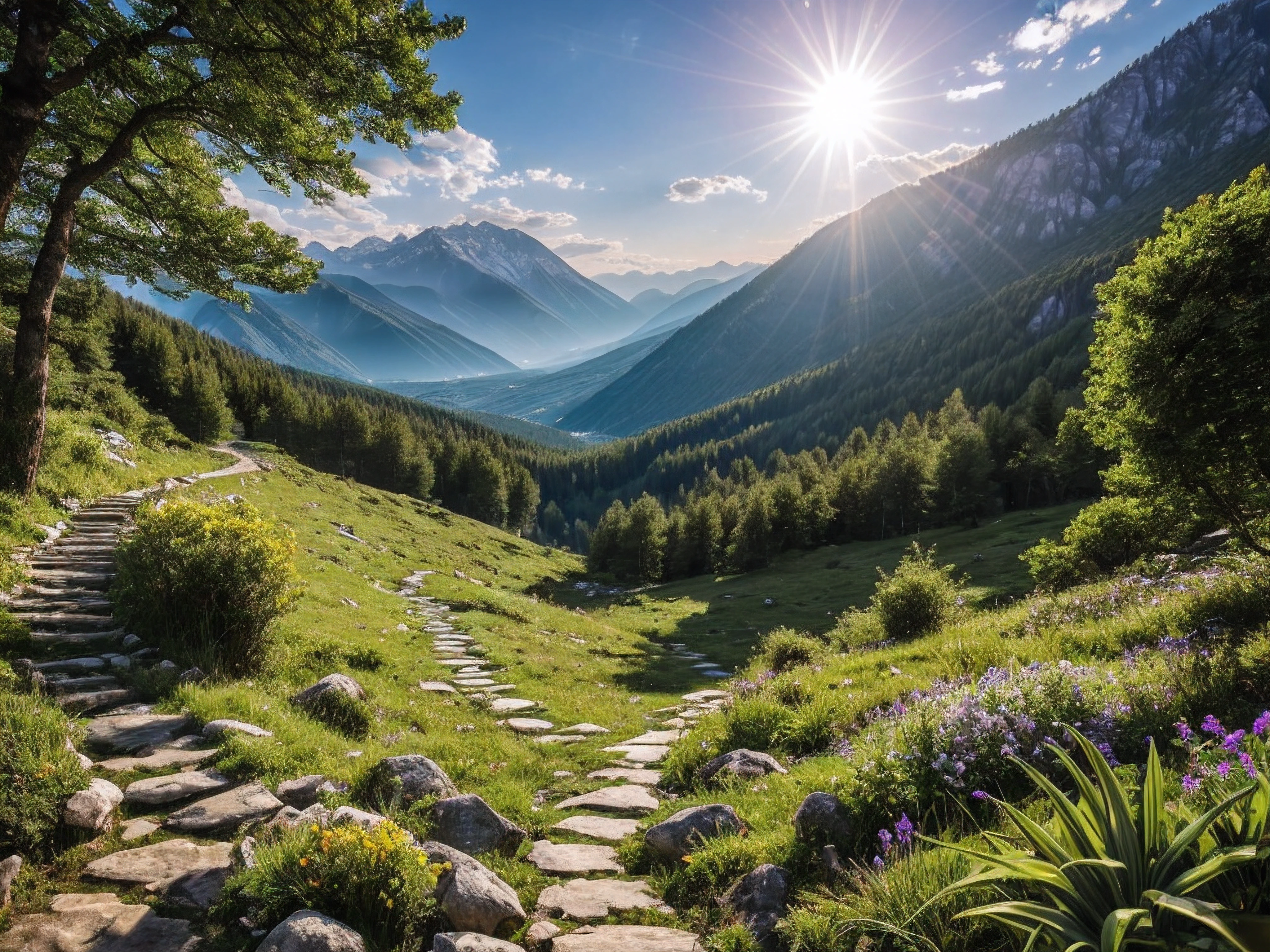 very high resolution, (fidelity: 1.4), photo, day, best quality, 8k, (masterpiece: 1.3), ultra realistic, bright sun, spring, lush vegetation, 1 path, view of 1 rocky path leading along the top of the mountain, path high in the mountains, very high mountains, peaks visible in other mountains, best quality, very high resolution, raw photo, bright diffused light, hyperrealistic, detailed nature,