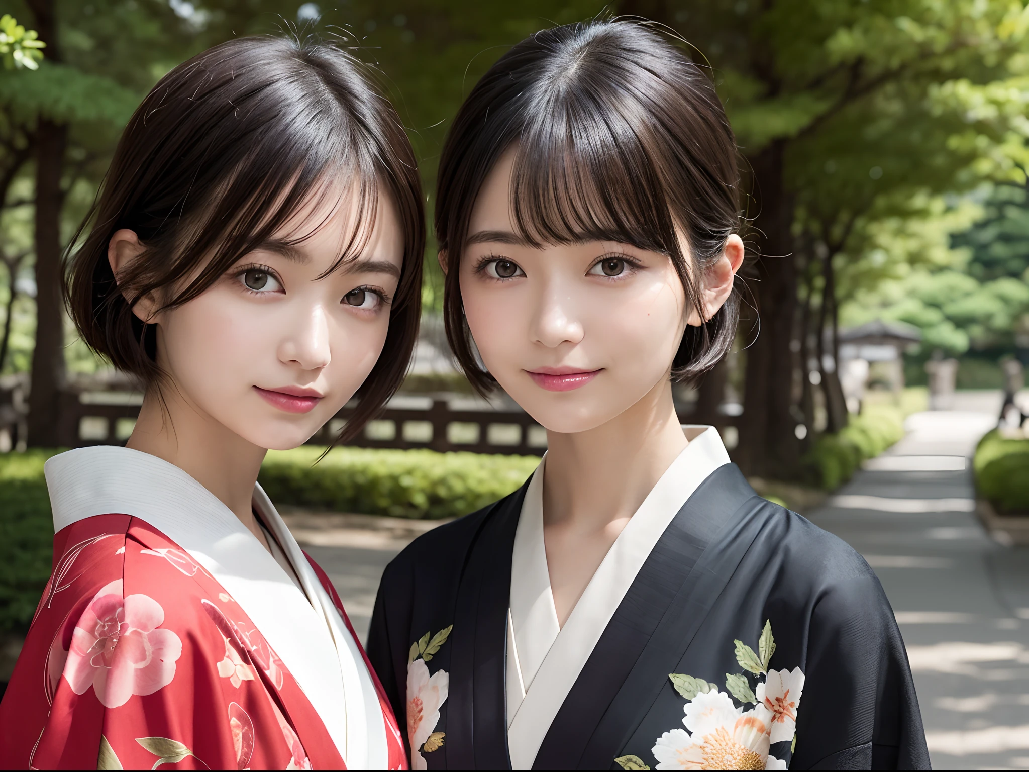 masutepiece, Best Quality, illstration, Ultra-detailed, finely detail, hight resolution, 8K quality wallpapers, Perfect dynamic composition, Beautiful detailed eyes, Kimono, Appearance of a well-formed kimono, (Black Shorthair), A slight smil, Looking at the camera, Kyoto Uzumasa Studio Park, Japan castle town