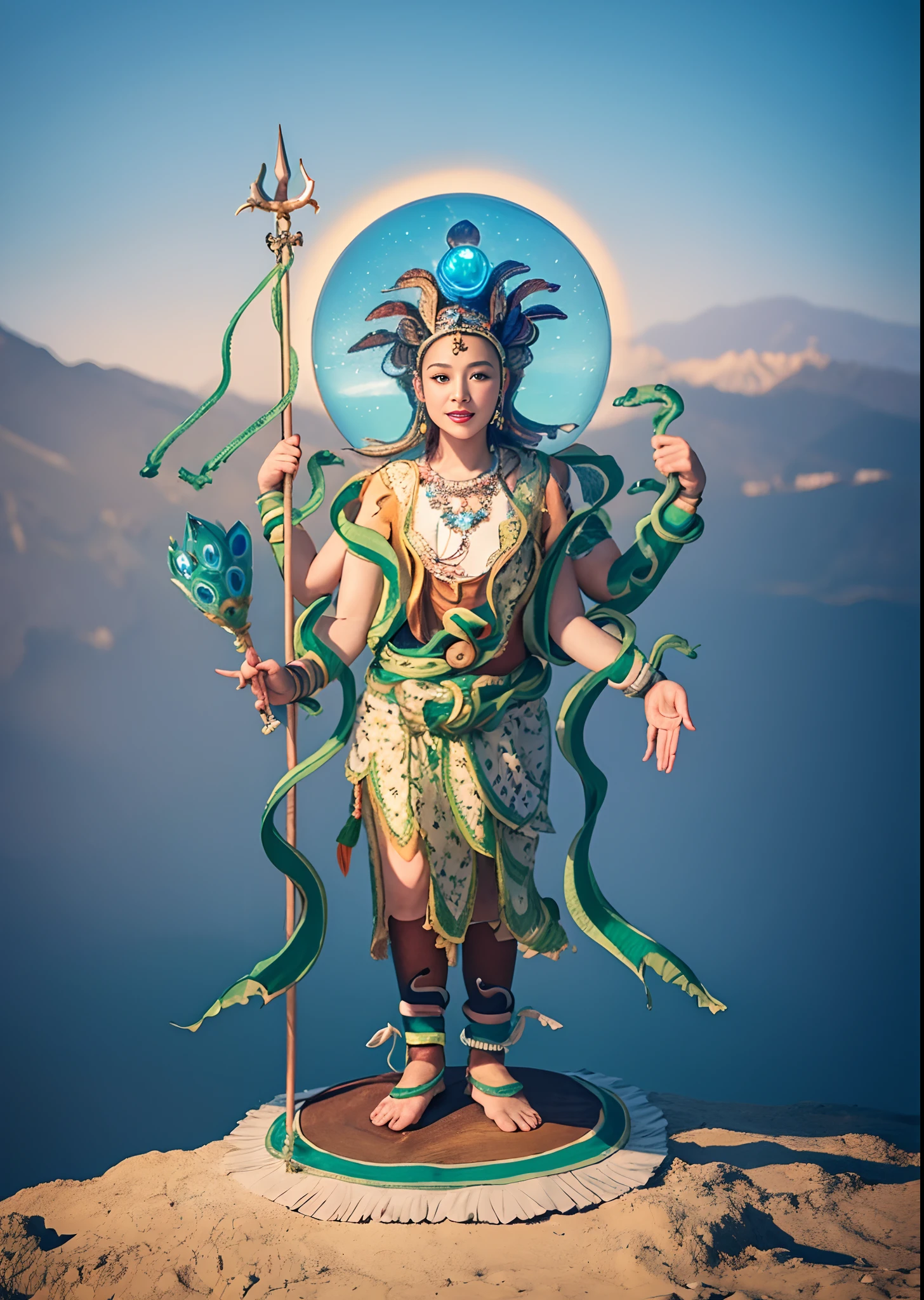 1girll，10 years old child，Stand in a valley full of mandala flowers，（（（Green skin））），Gem Necklace，Exquisite headdress，Long hair hanging down the shoulders，There are six snakes on top of their heads，Snake in hand，The body is decorated with snakes，Four arms，A snake wrapped around his wrist，The ankles are wrapped around the snake，（The union of man and black snake），Solo, The waist is（（deerskin））, The upper body is covered（deerskin,） Holding a fan made of peacock essence in his hand， Trident weapons, Streamers，shaded_face, Pretty big breasts，Head background with round light，Alpine snow-capped mountains in the distance，Bright sky，Sunny picture，offcial art, (Extremely detailed Cg Unity 8K wallpaper), (Photorealistic:1.4), (Masterpiece), (Best quality:1.2)，Light and shadow tracking，Super HD